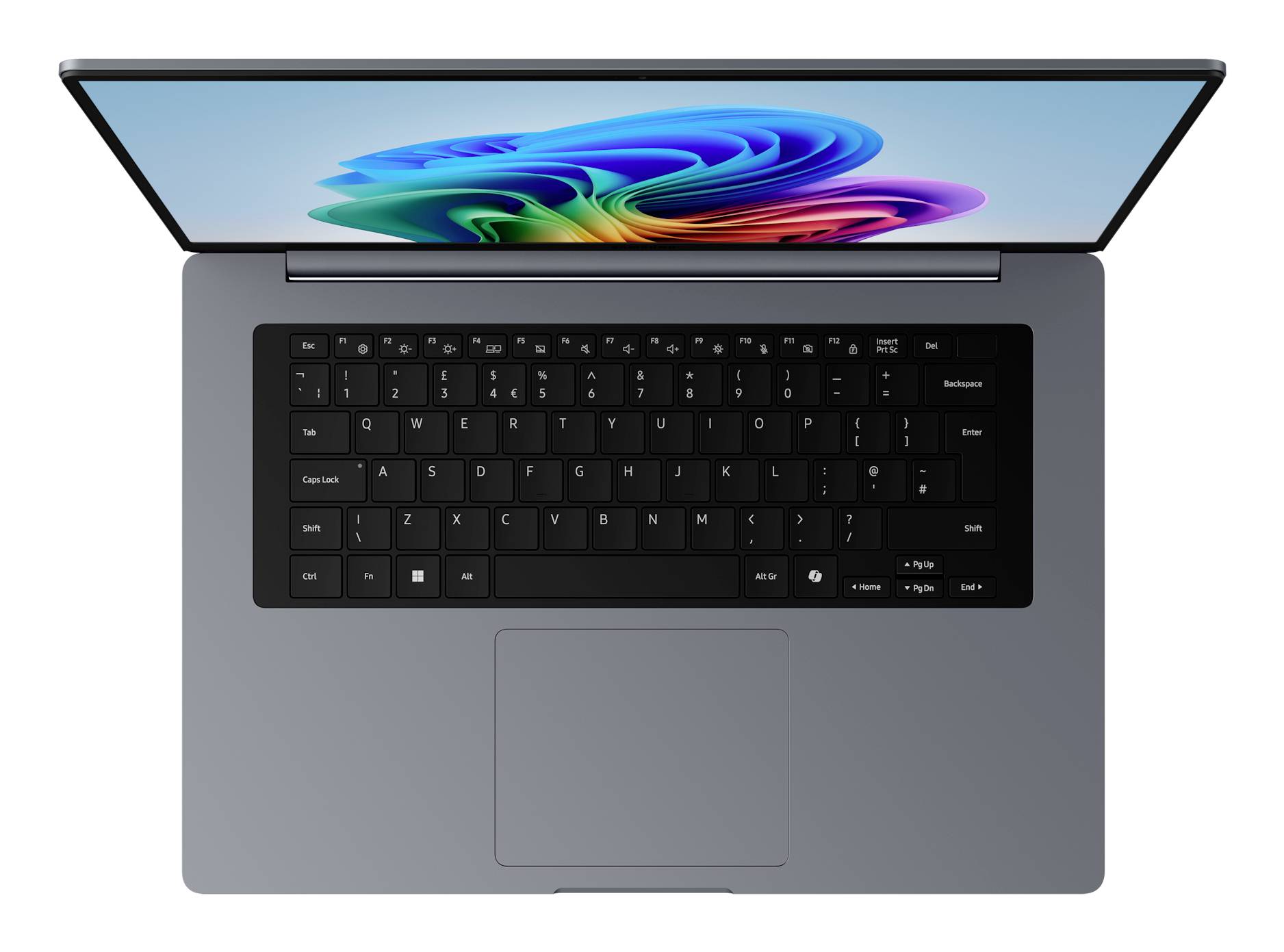 Draufsicht auf einen silbernen Laptop mit geöffnetem Bildschirm, der eine bunte abstrakte Tapete zeigt, und eine schwarze Tastatur mit großem Touchpad.
