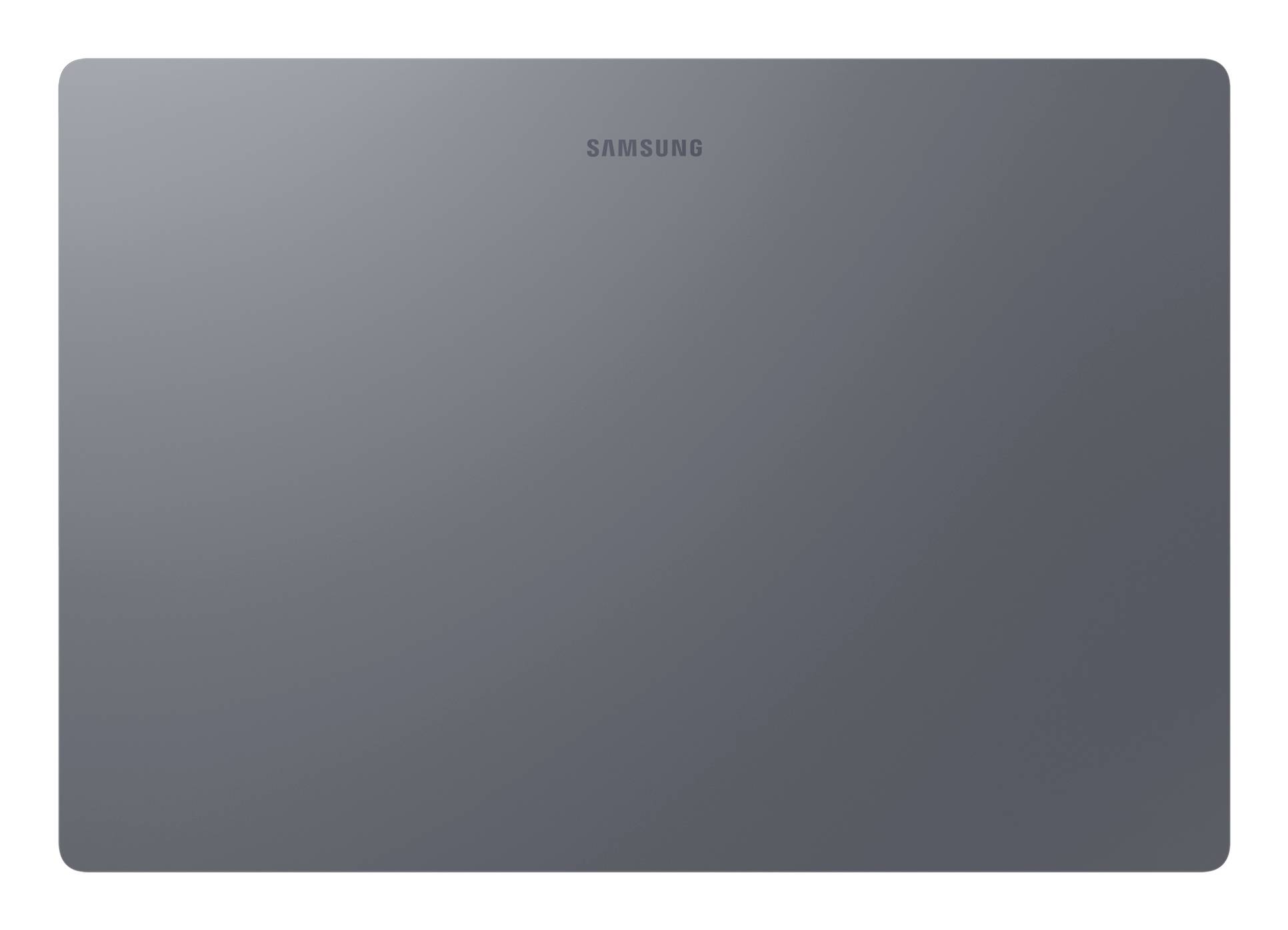 Geschlossener grauer Samsung-Laptop mit zentriertem Samsung-Logo, von oben auf weißem Hintergrund gezeigt.