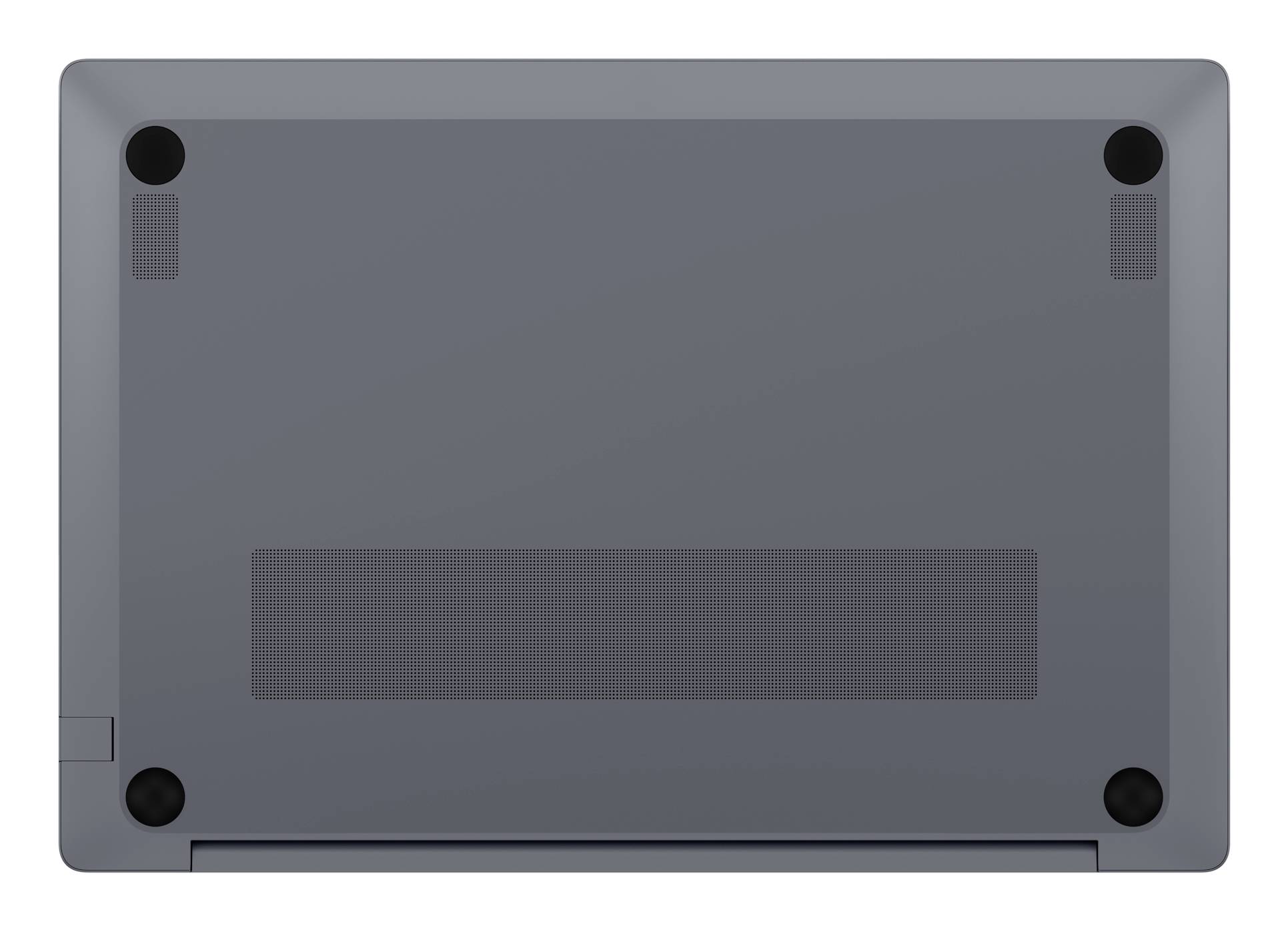 Unterseite eines grauen Laptops mit vier Gummifüßen und einem zentralen Lüftungsgitter oder Gitterfeld.