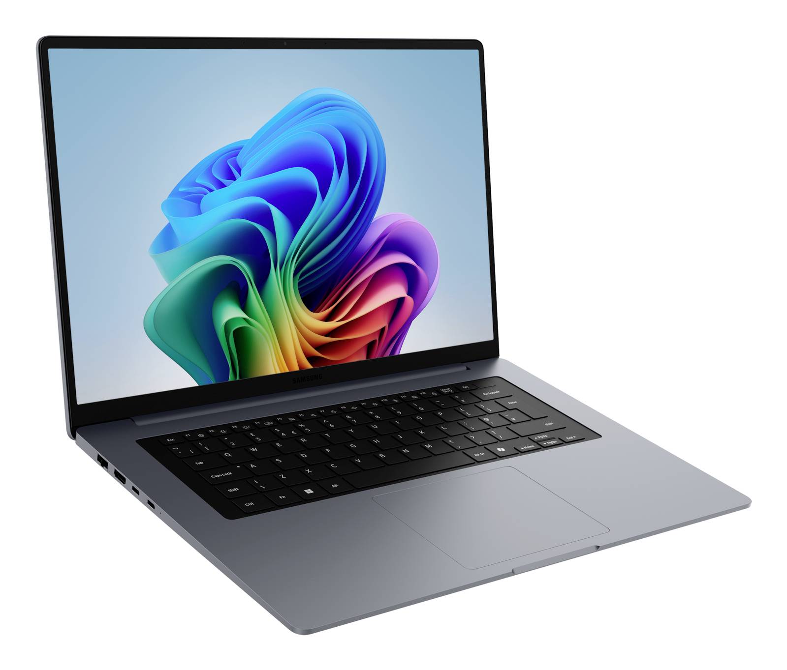 Laptop mit einem farbenfrohen abstrakten Hintergrund auf dem Bildschirm, dargestellt vor einem einfachen weißen Hintergrund.
