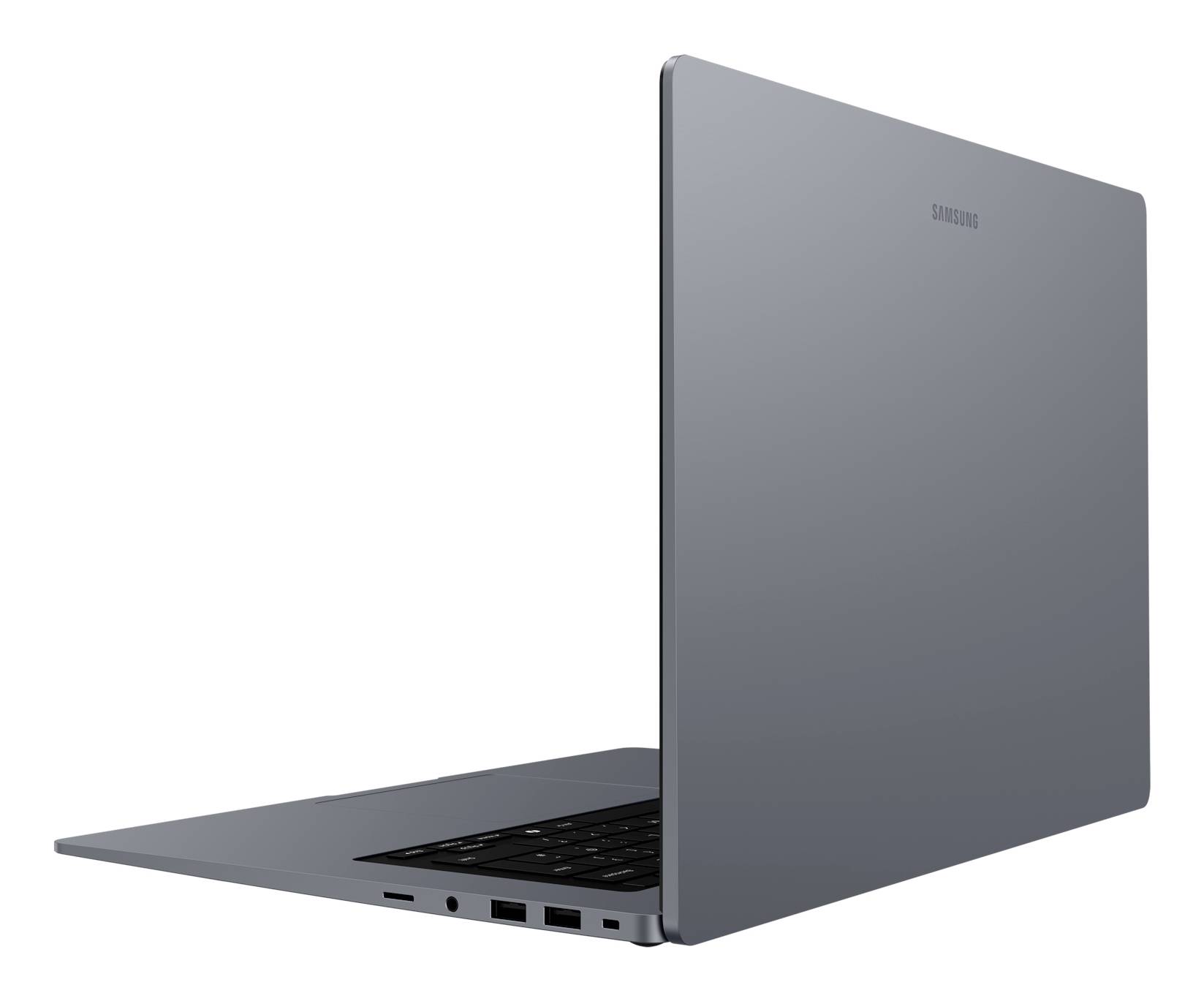 Grauer Samsung-Laptop von der Seite gezeigt, teilweise geöffnet, wobei das schlanke Design, die Tastatur und die Anschlüsse hervorgehoben werden.