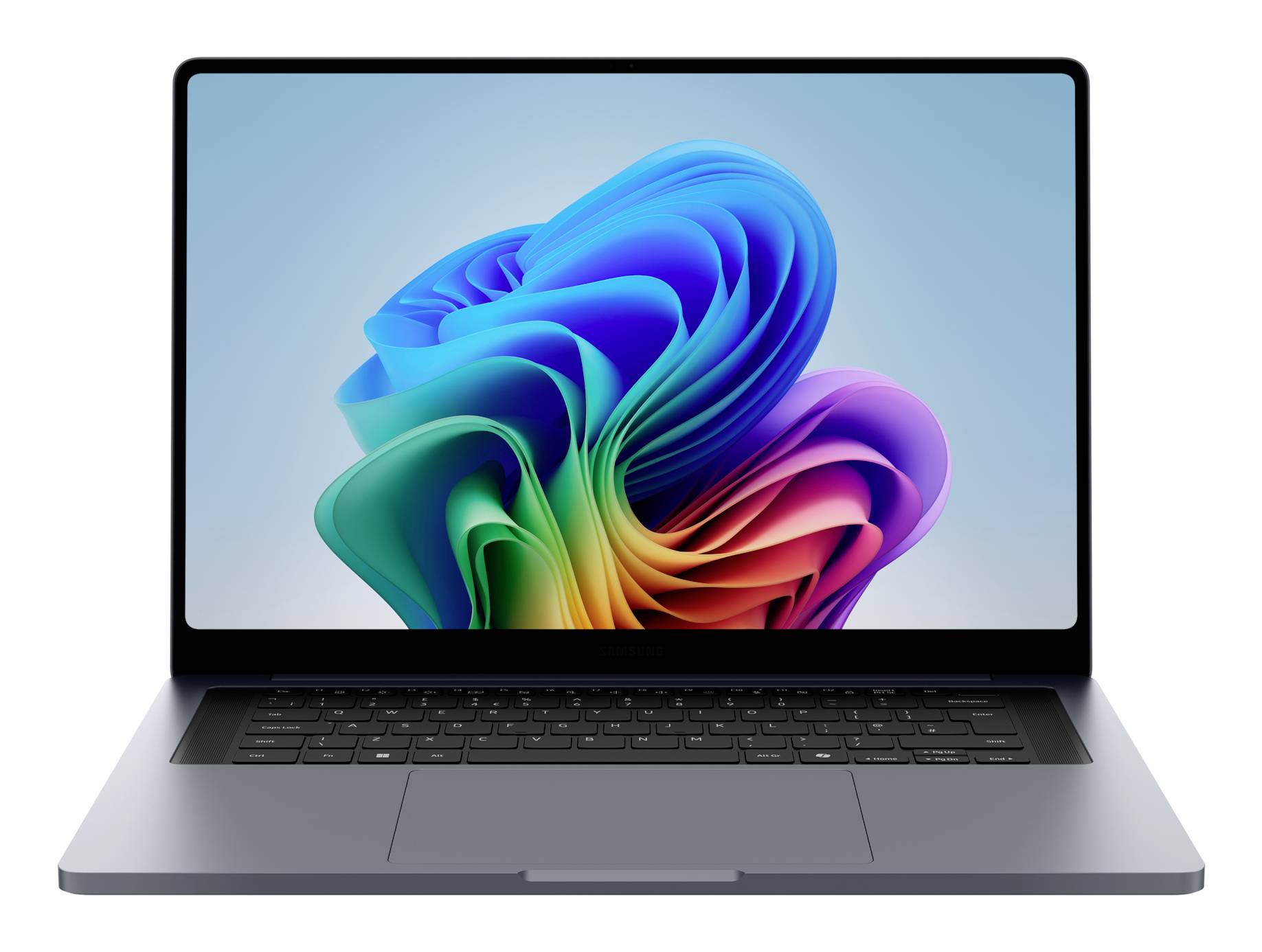 Offener Laptop-Computer mit einer bunten abstrakten blumenähnlichen Tapete auf dem Bildschirm.
