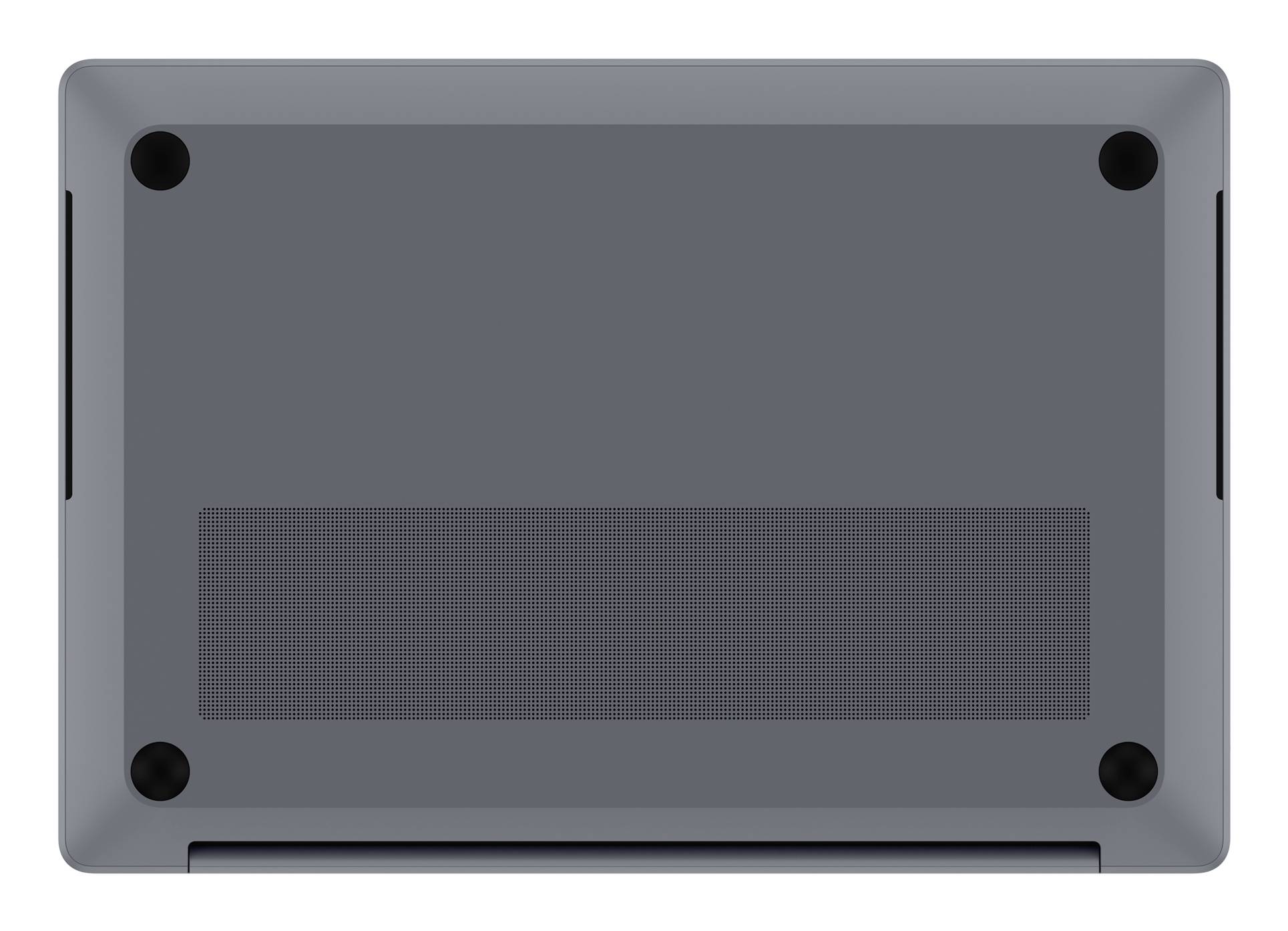 Unterseite eines grauen Laptops mit Gummifüßen, Lüftungsgitter und Batteriecompartment-Abdeckung.