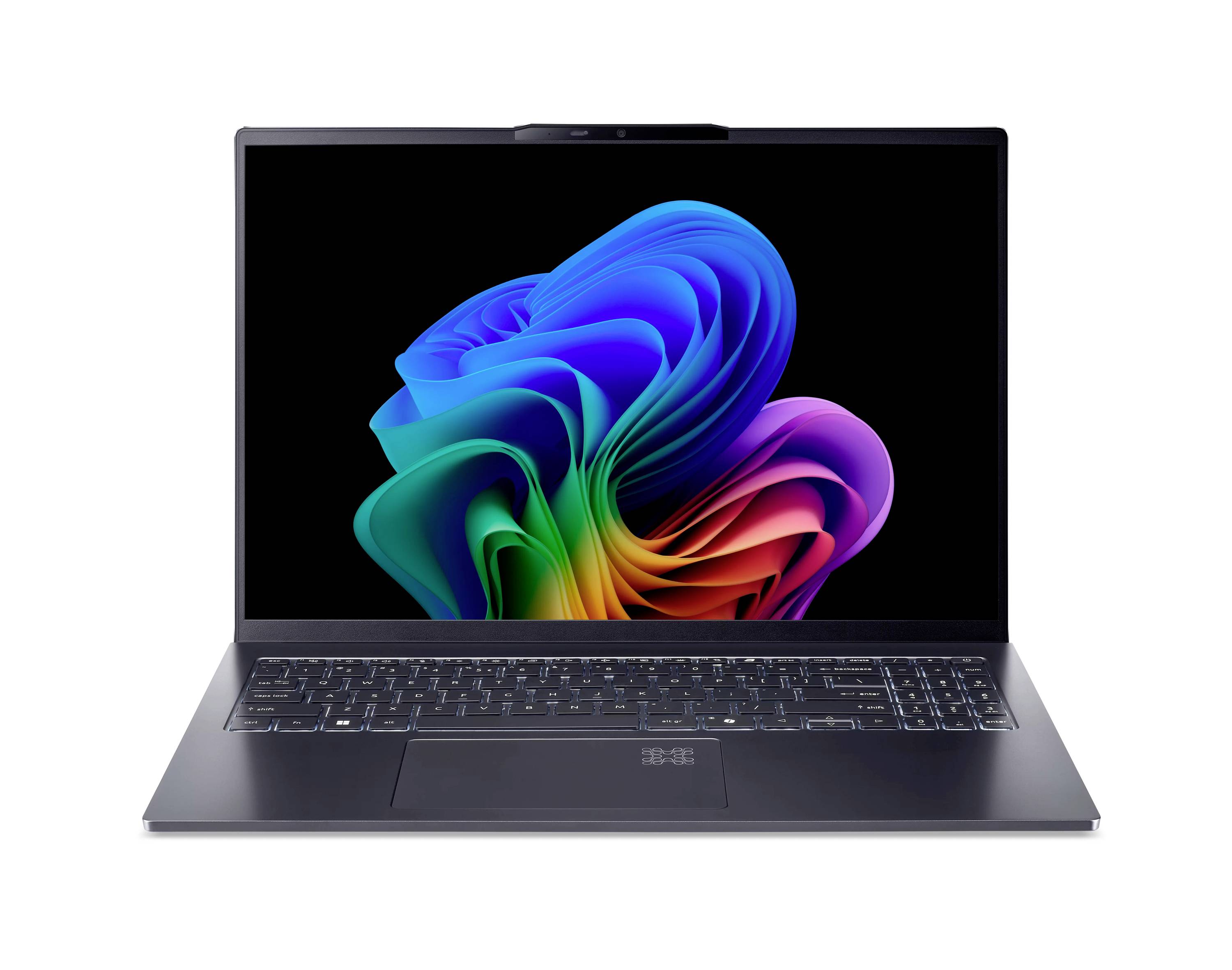 Vorderansicht eines Laptops mit dunklem Bildschirm, der ein farbenfrohes abstraktes Wirbel-Hintergrundbild auf weißem Hintergrund anzeigt.