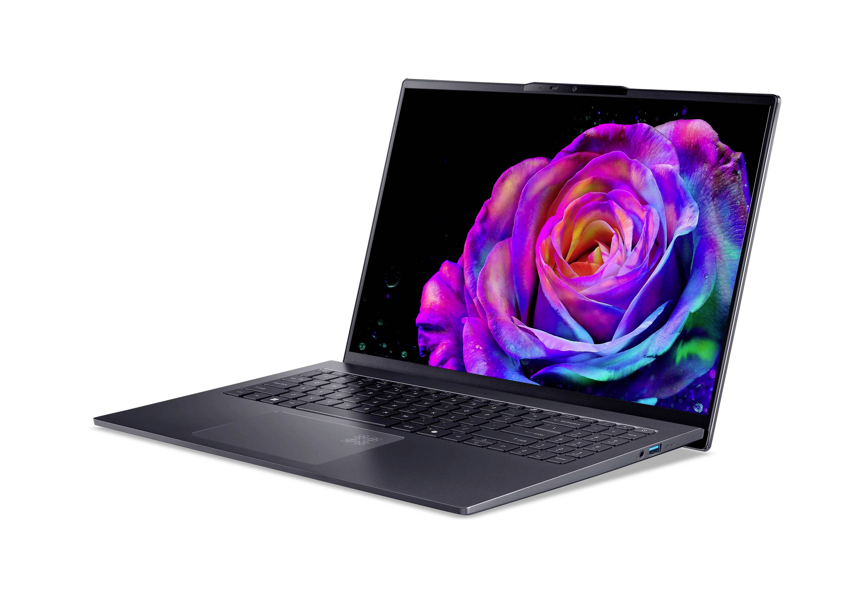 Offener Laptop, auf dessen Bildschirm eine lebhafte, mehrfarbige Rose gegen einen weißen Hintergrund angezeigt wird.