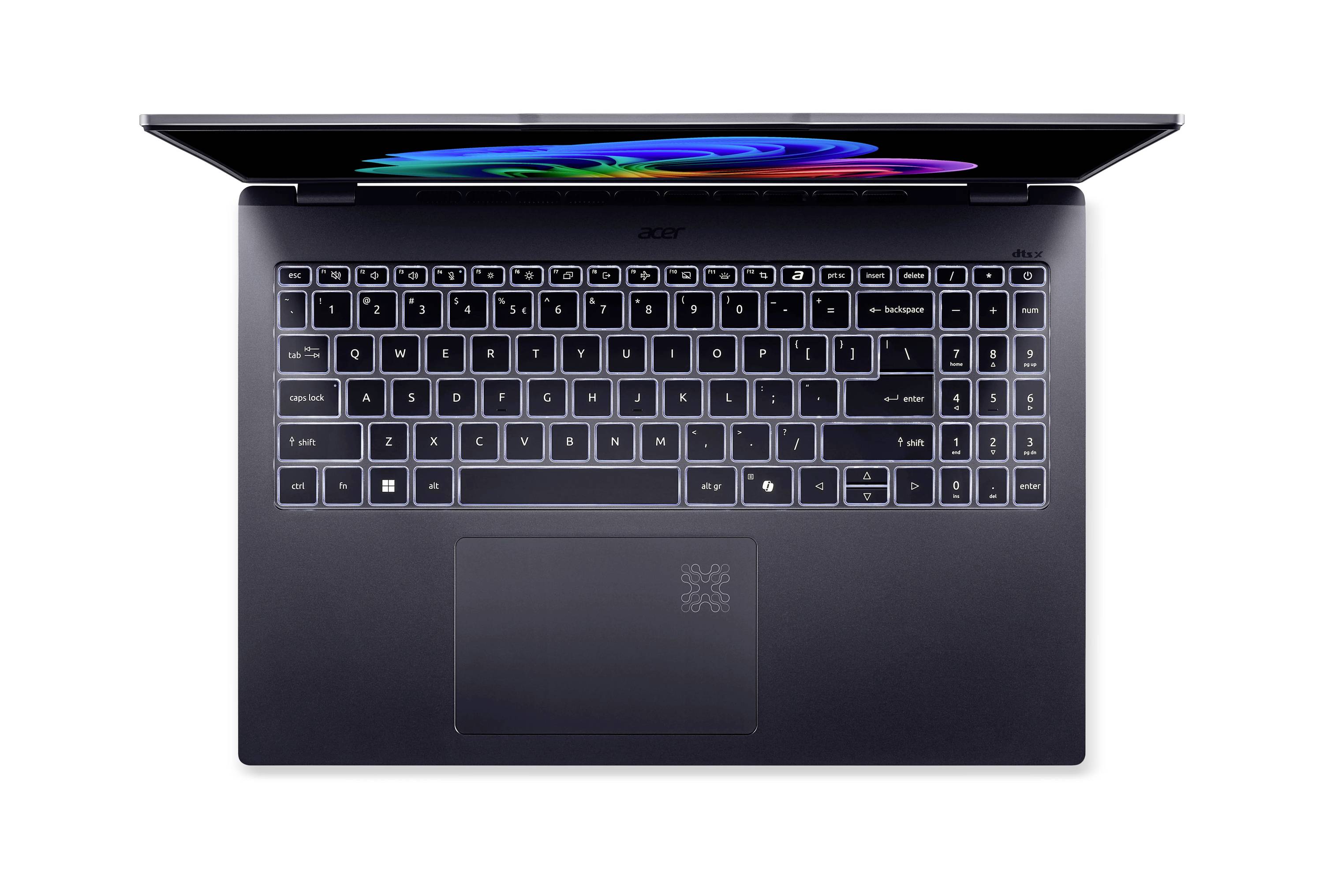 Draufsicht auf einen offenen schwarzen Laptop mit Tastatur und großem Touchpad, dargestellt auf weißem Hintergrund.
