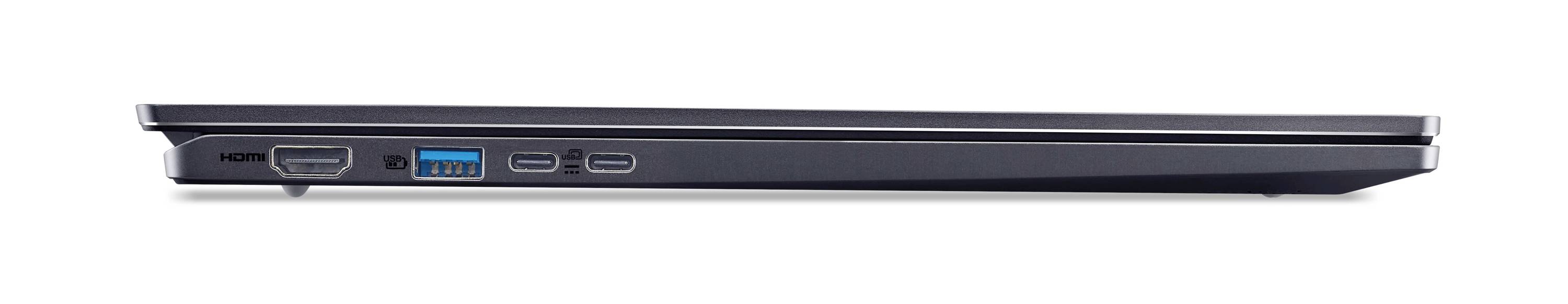 Seitenansicht eines geschlossenen schlanken Laptops, das die vordere Kante mit HDMI-, USB-A- und USB-C-Anschlüssen zeigt.