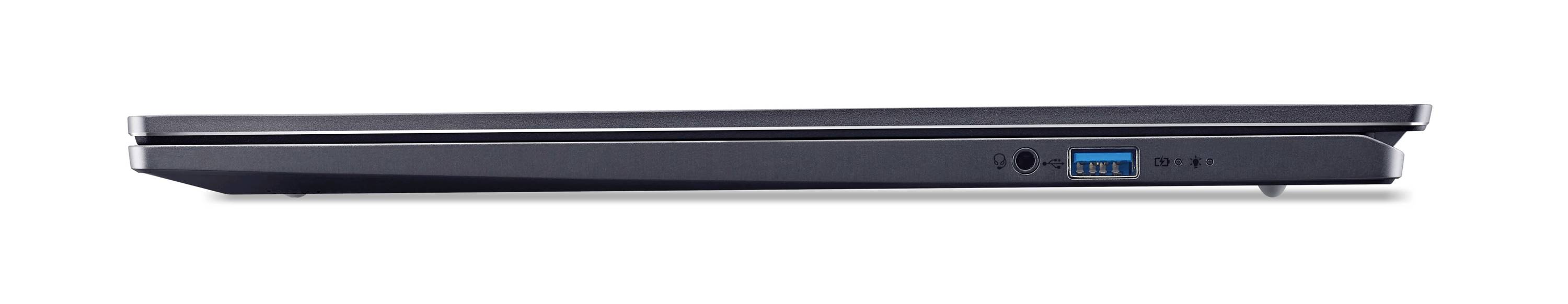 Seitenansicht eines geschlossenen Laptops mit einem dünnen silbernen Gehäuse und einem blau leuchtenden Anschluss oder einer blau leuchtenden Anzeige auf der rechten Seite.