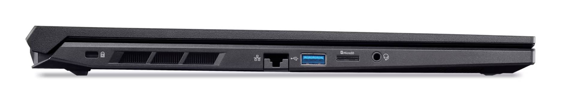 Seitenansicht eines geschlossenen schwarzen Laptops, der die vorderen Kantenports einschließlich USB und Kopfhörerbuchse zeigt.