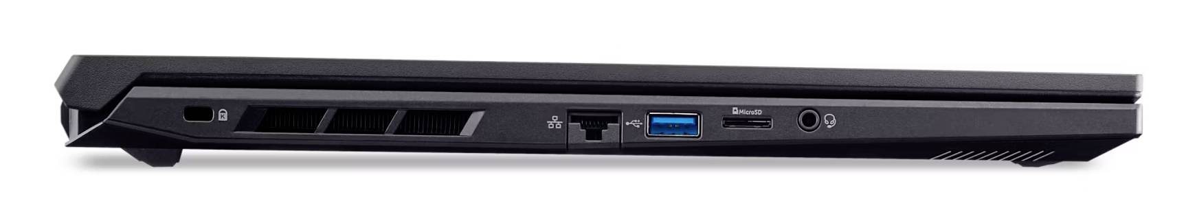 Seitenansicht eines schwarzen Laptops mit hinteren Lüftungsschlitzen und Anschlüssen, einschließlich Ethernet, USB, Audiobuchse und einem Stromstecker.
