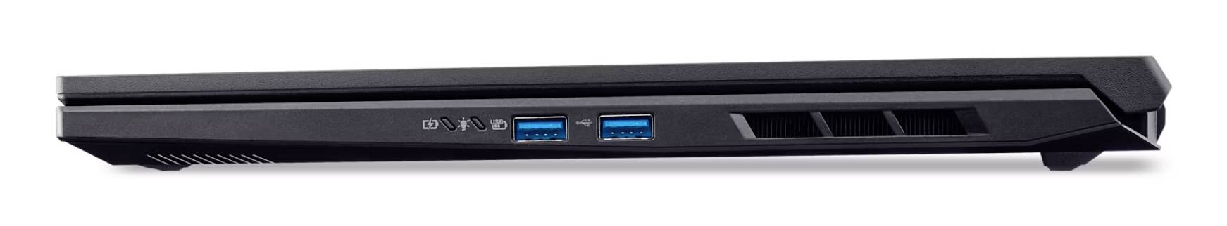 Seitenansicht eines schlanken schwarzen Laptops mit der Vorderkante, zwei USB-Anschlüssen, Statussymbolen und Belüftungsschlitzen.