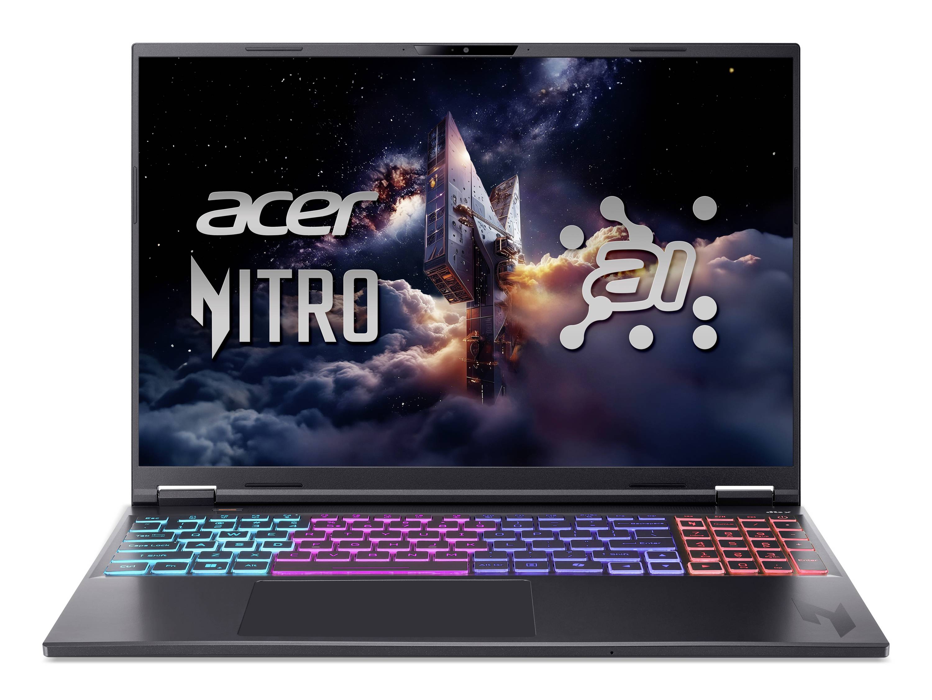 Acer Nitro Laptop, aufgeklappt dargestellt, mit einer farbenfrohen RGB-beleuchteten Tastatur und einem Gaming-Bildschirm, der das Acer Nitro Logo und weltraum-ähnliche Kunstwerke anzeigt.