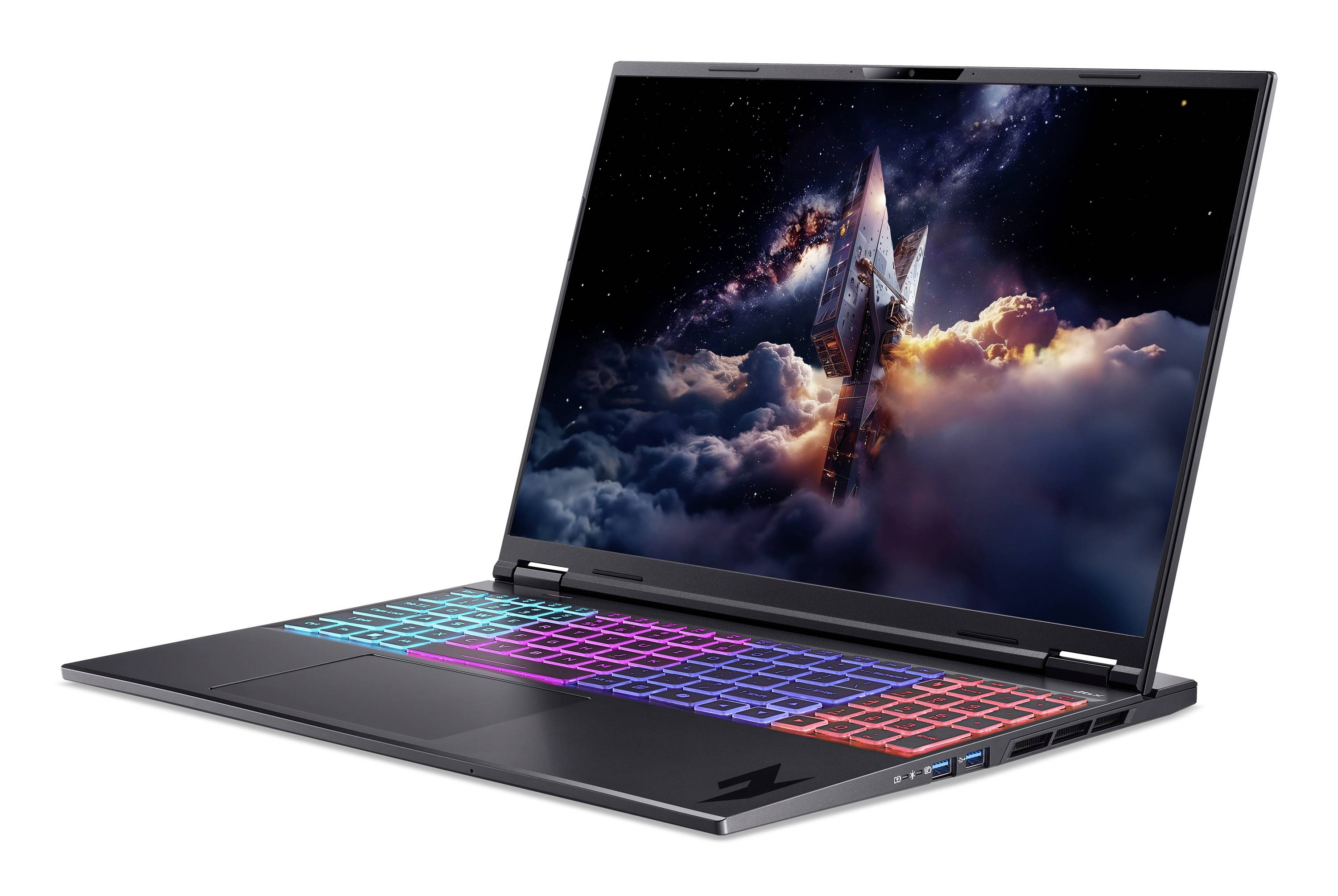Geneigter schwarzer Gaming-Laptop mit farbig beleuchteter Tastatur und weltraumthematischem Bild auf dem Bildschirm.
