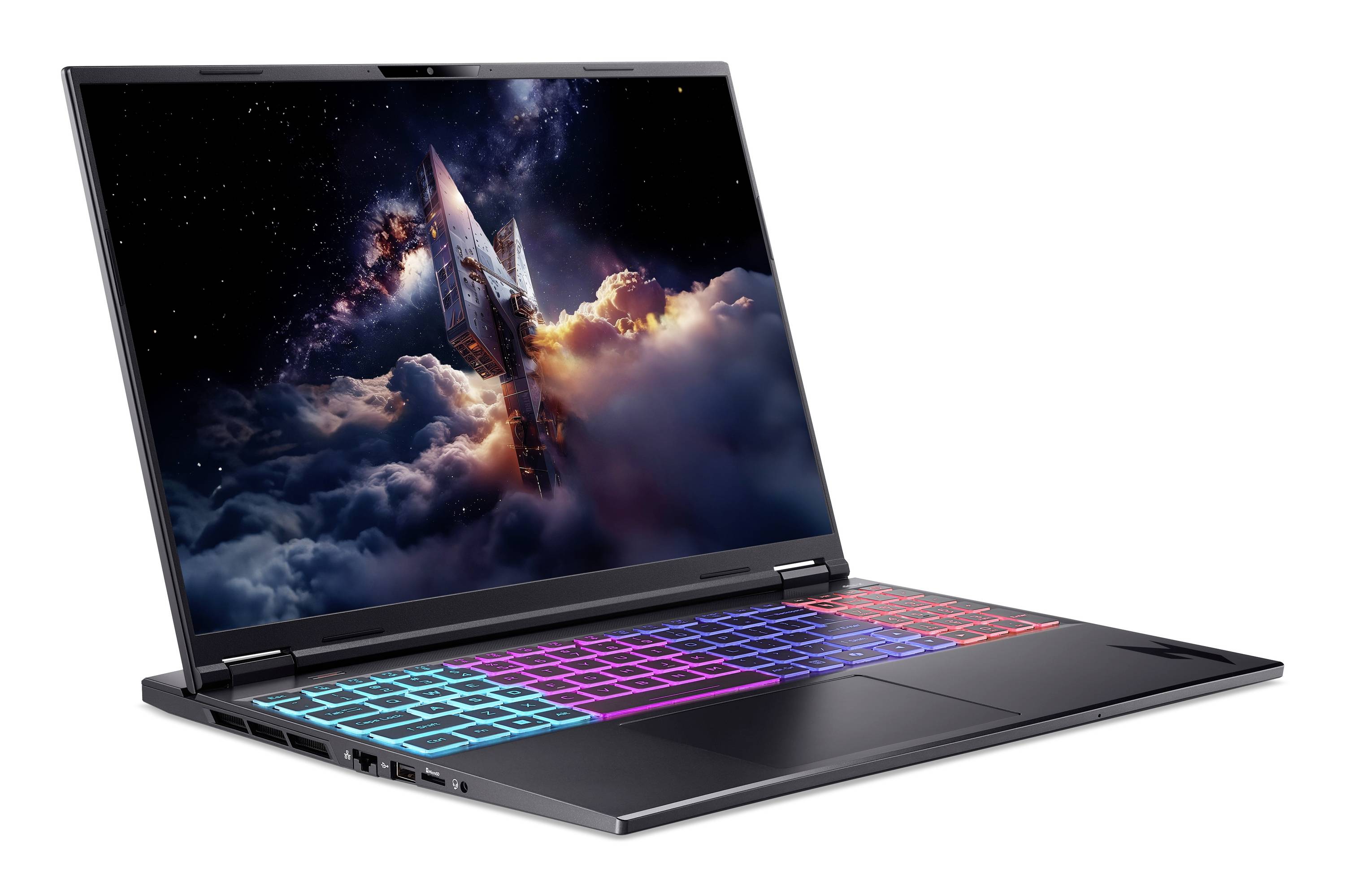 Ein eleganter Gaming-Laptop, der geöffnet auf weißem Hintergrund dargestellt ist, mit einer farbenfrohen RGB-beleuchteten Tastatur und einem weltraumbezogenen Bild auf dem Bildschirm.