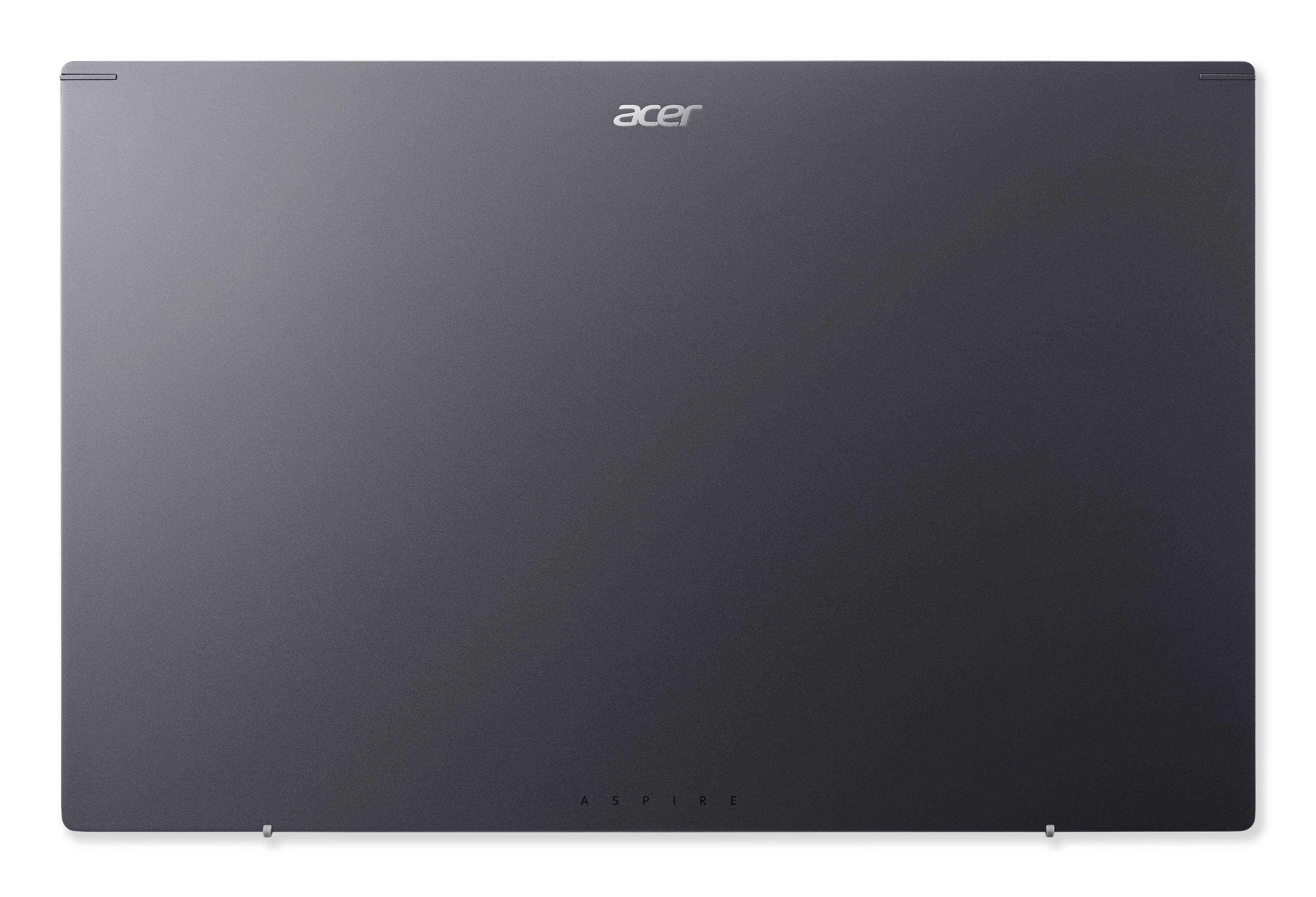 Ein geschlossenes dunkelgraues Acer-Laptop von oben auf weißem Hintergrund betrachtet.