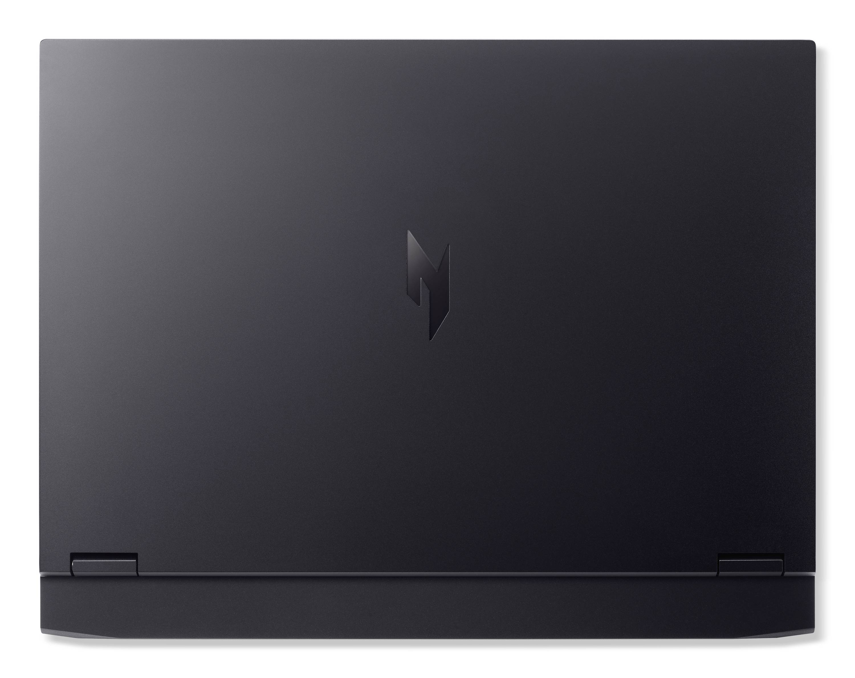 Geschlossener dunkelgrauer Acer-Laptop von oben gesehen, mit zentriertem Logo und zwei sichtbaren vorderen Scharnierkappen auf weißem Hintergrund.