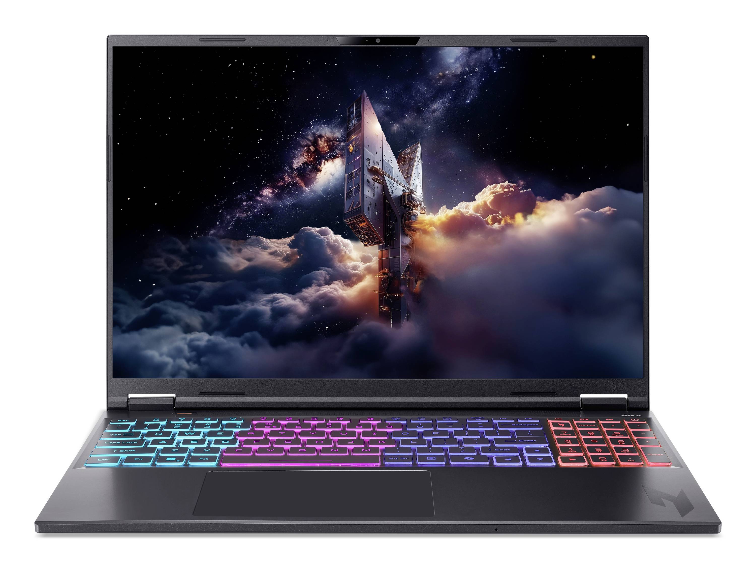 Offener Laptop mit farbig beleuchteter Tastatur, der einen futuristischen Flugkörper oder ein Raumschiff zeigt, das über Wolken in einem sternenbedeckten Himmel abhebt.