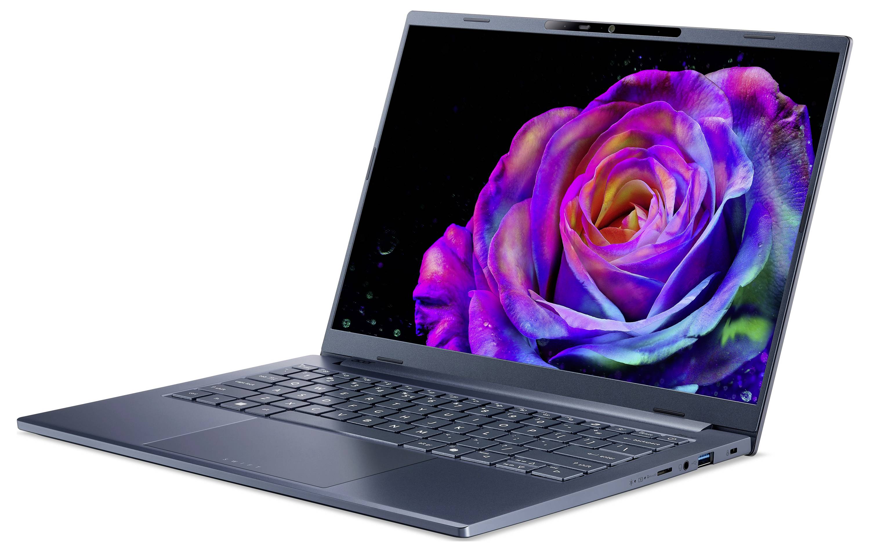 Offener Laptop mit einer lebhaften, mehrfarbigen Rose auf dem Bildschirm vor schwarzem Hintergrund angezeigt.