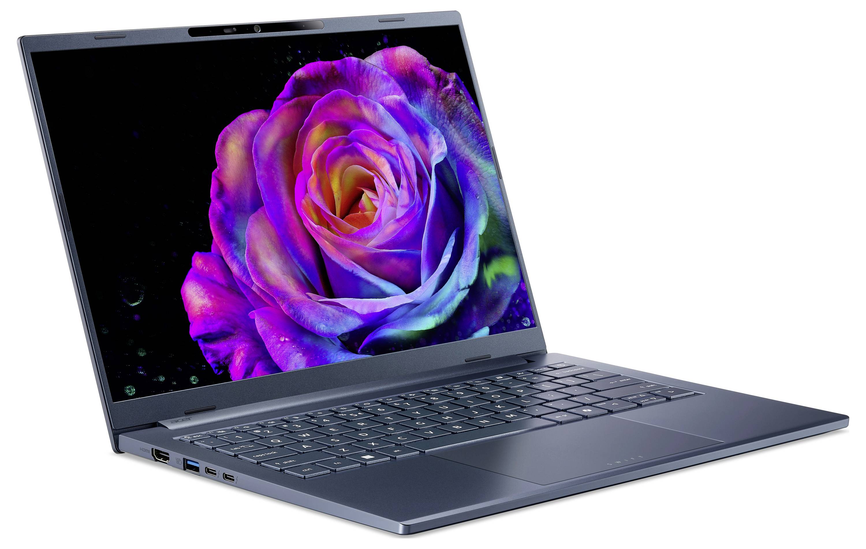 Laptop mit leuchtender mehrfarbiger Rosen-Tapete auf dem Bildschirm, in einem Winkel auf weißem Hintergrund angezeigt.