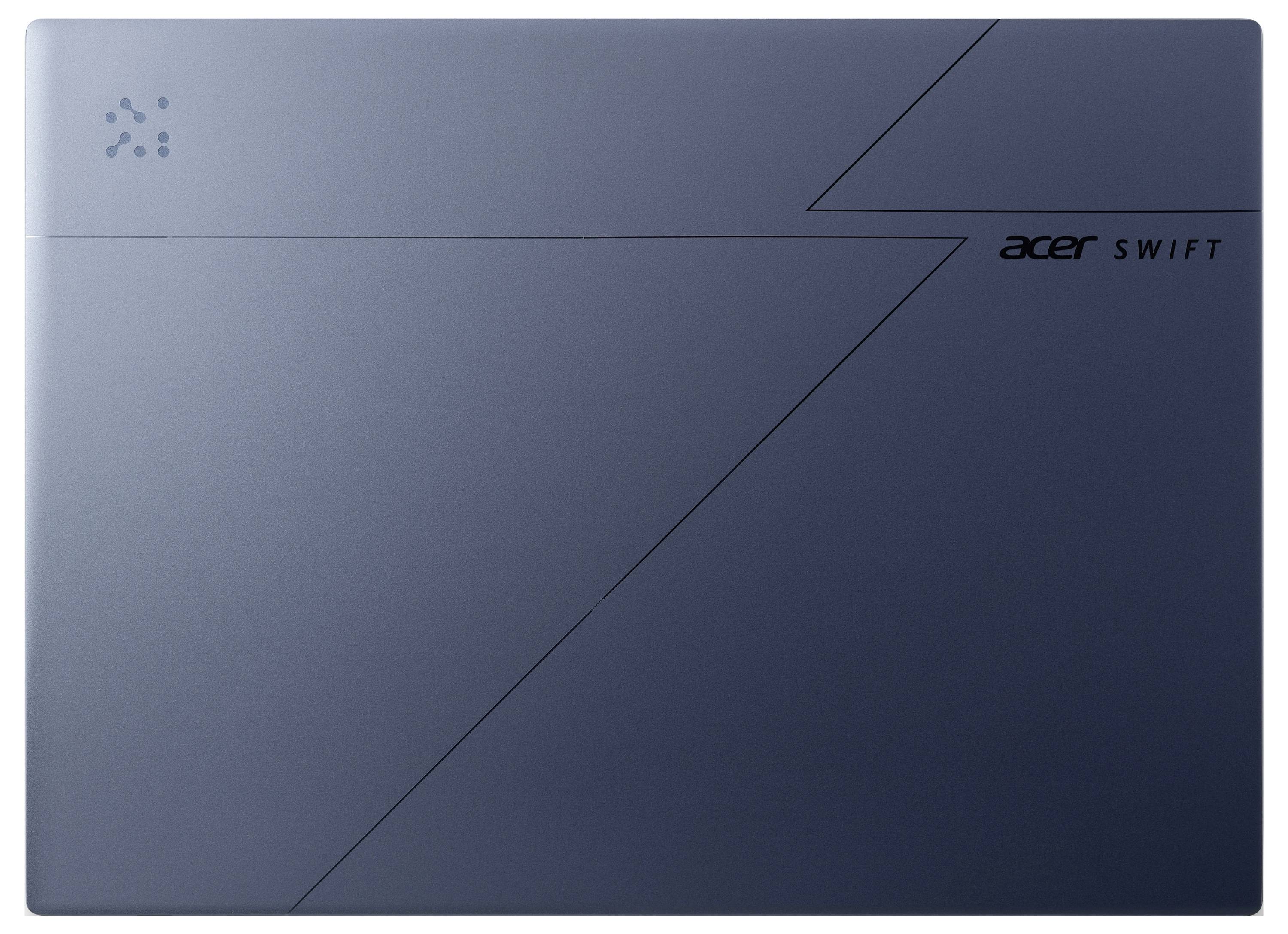 Geschlossener blauer Acer Swift Laptop mit feinem diagonalen Liniendesign und Acer-Logo oben rechts.