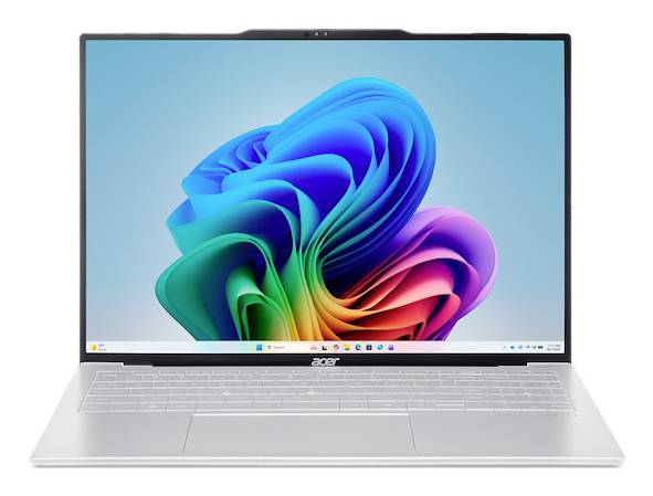 Silberner Acer-Laptop auf weißem Hintergrund, auf dem eine farbenfrohe abstrakte Windows-ähnliche Tapete angezeigt wird.