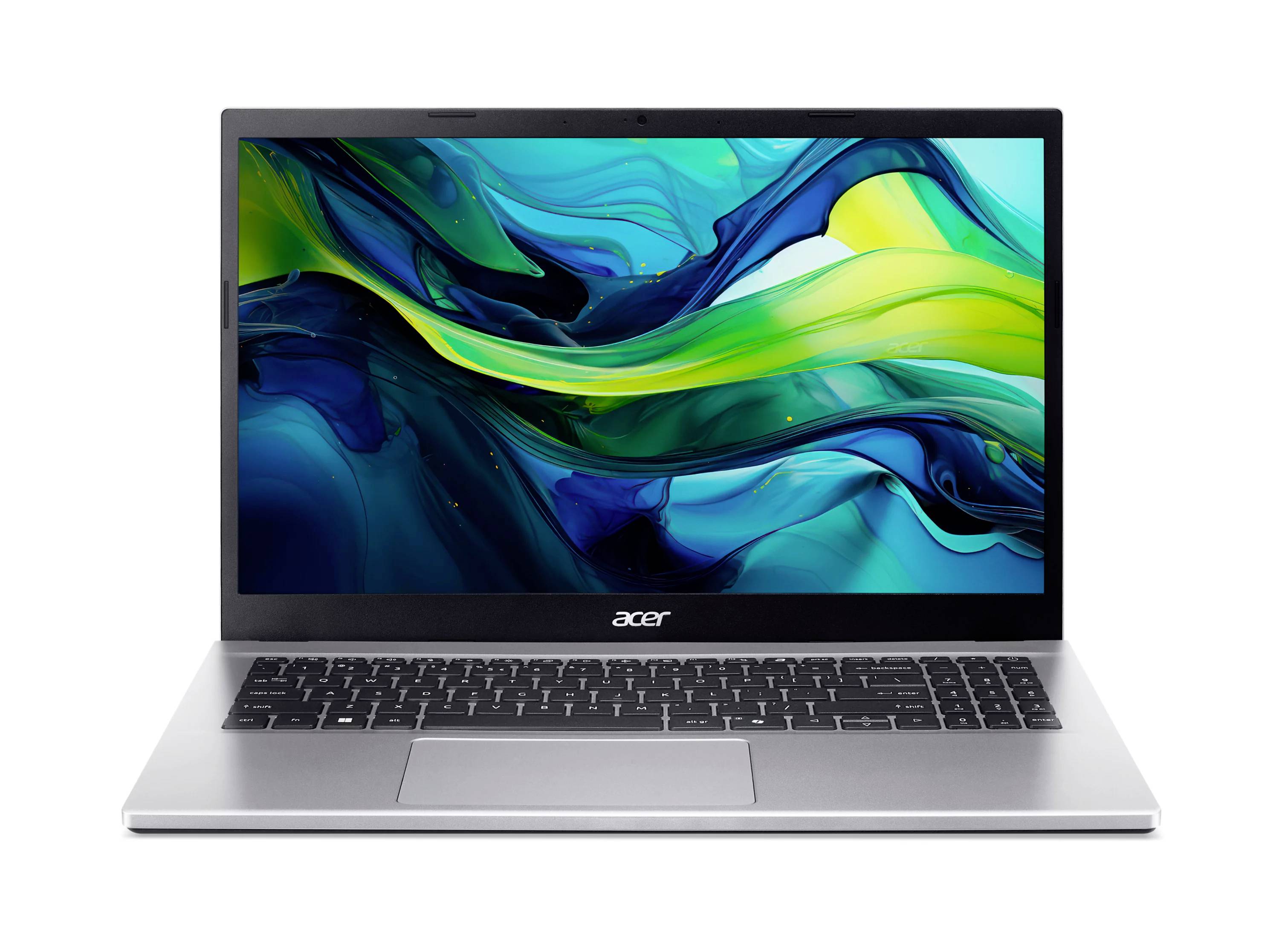 Acer-Laptop geöffnet auf weißem Hintergrund, zeigt ein farbenfrohe abstrakte Wellentapete auf dem Bildschirm.