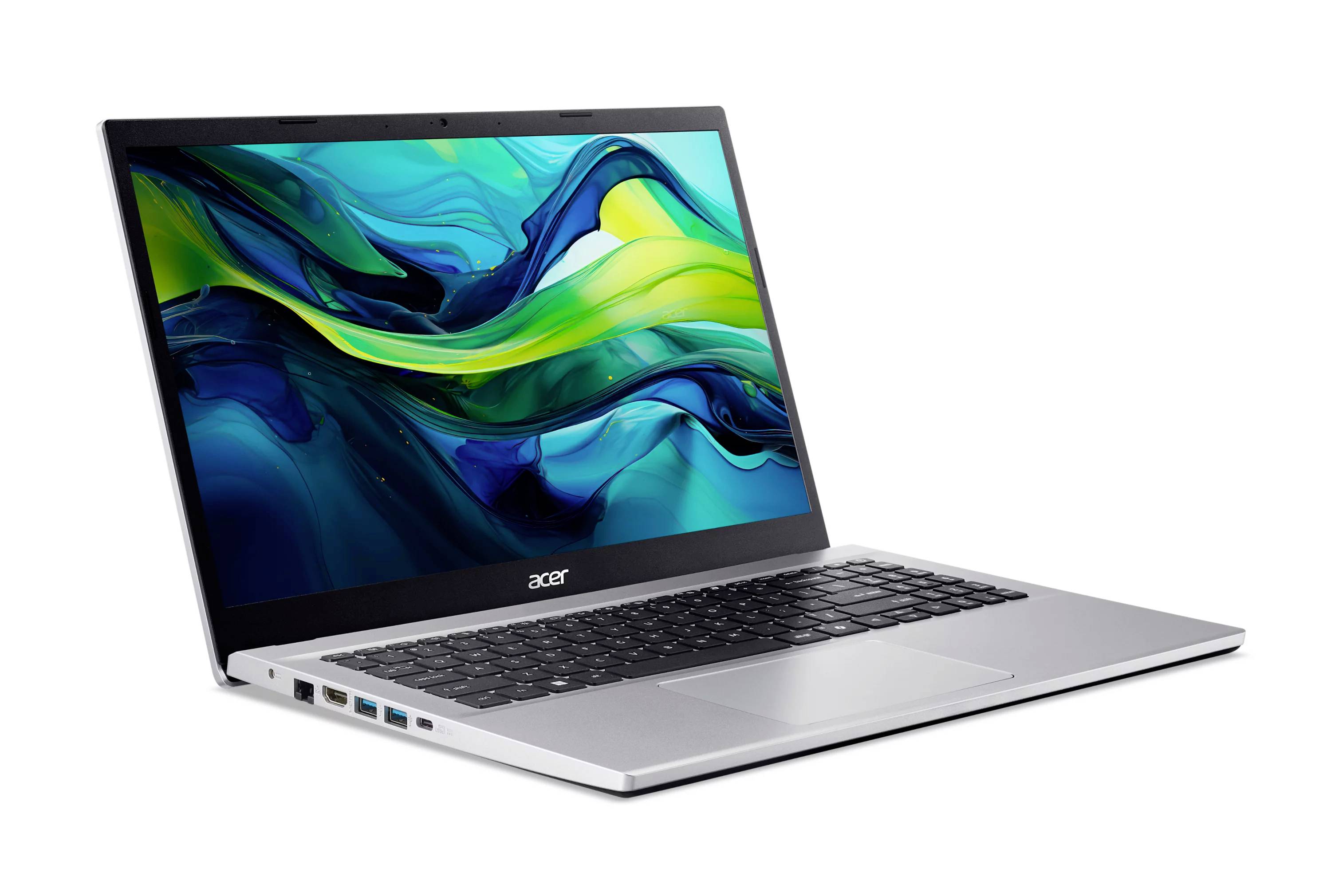 Silberner Acer-Laptop, geöffnet auf weißem Hintergrund, zeigt ein farbenfröhliches abstraktes Wellen-Hintergrundbild.