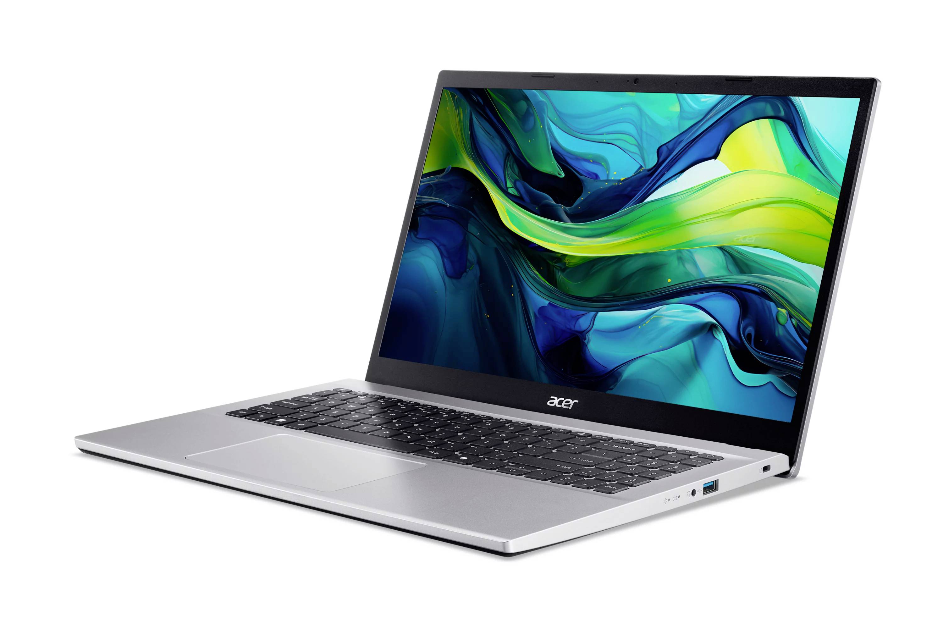Ein schlanker silberner Acer-Laptop, der in einem Winkel geöffnet gezeigt wird und ein farbenfroches abstraktes Hintergrundbild in Grün, Blau und Schwarz auf seinem Bildschirm anzeigt.