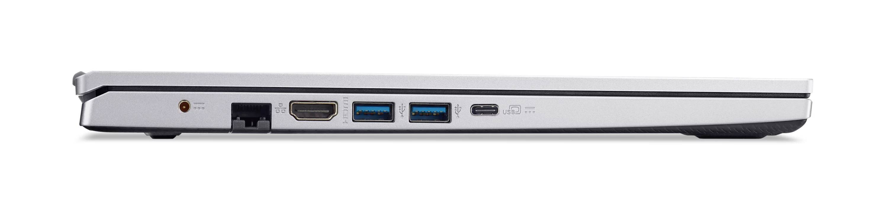 Seitenansicht eines silbernen Laptops, der seine linke Kante mit Anschlüssen zeigt: Ethernet, HDMI, zwei USB-A und USB-C.
