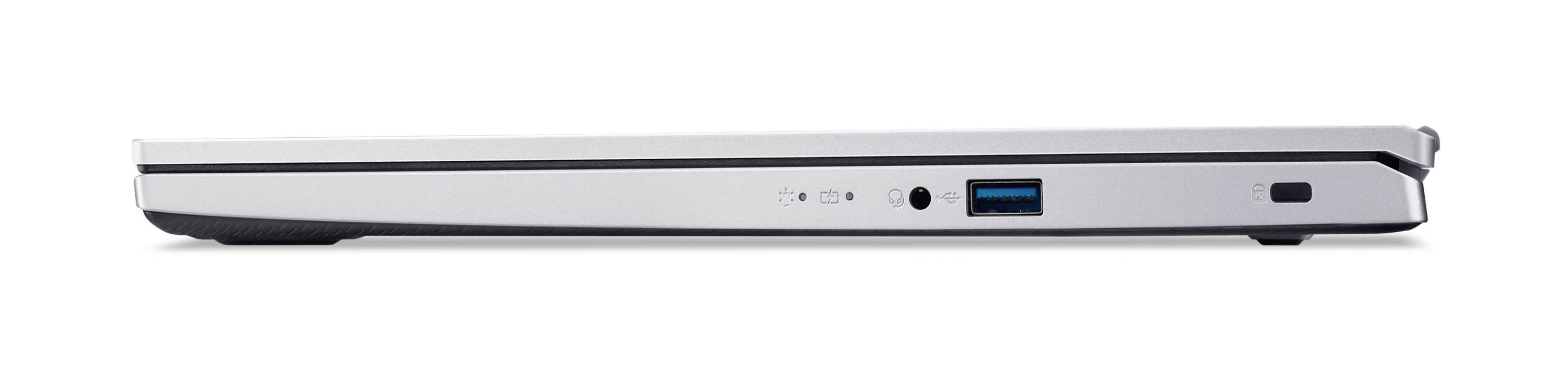 Seitenansicht eines dünnen silbernen geschlossenen Laptops mit linkseitigen Anschlüssen, darunter Audiobuchse, USB-Anschluss und Ladeanschluss.