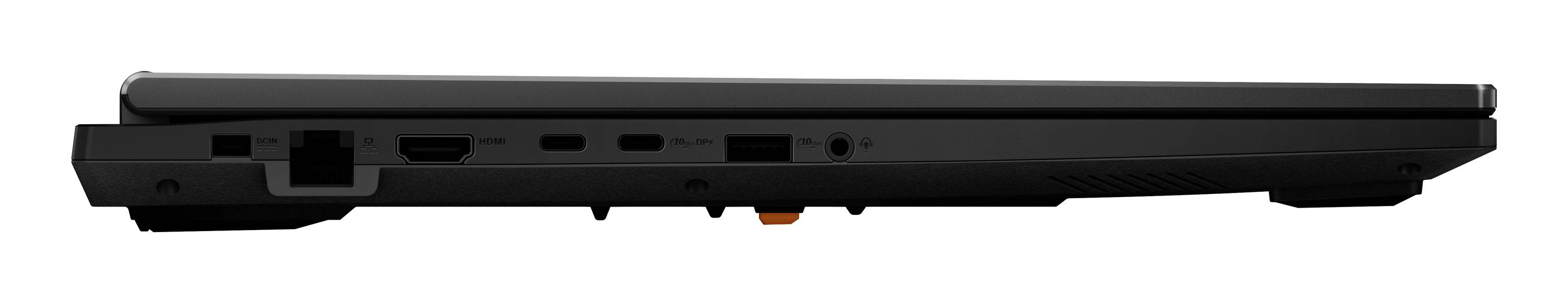 Seitenansicht eines geschlossenen schwarzen Laptops, die die Unterseite und das schlanke Profil auf weißem Hintergrund zeigt.