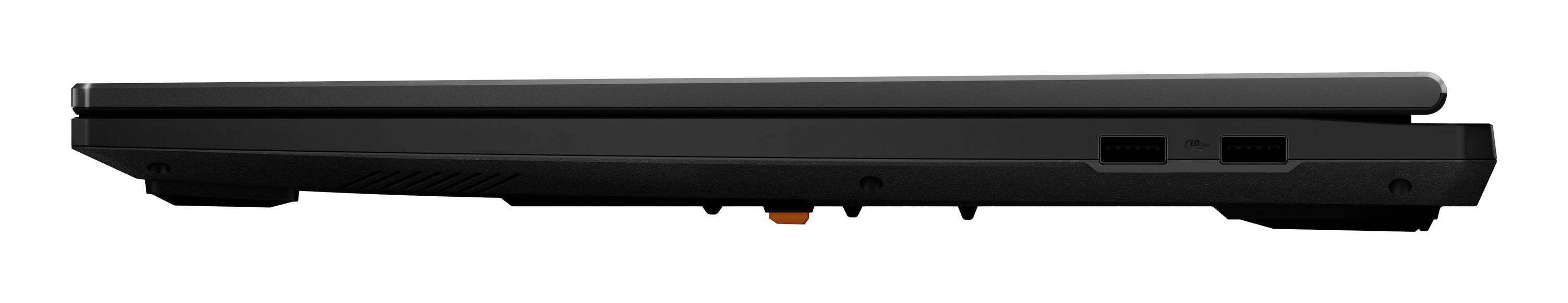Seitenansicht eines geschlossenen schwarzen Laptops, der im Profil auf weißem Hintergrund gezeigt wird.