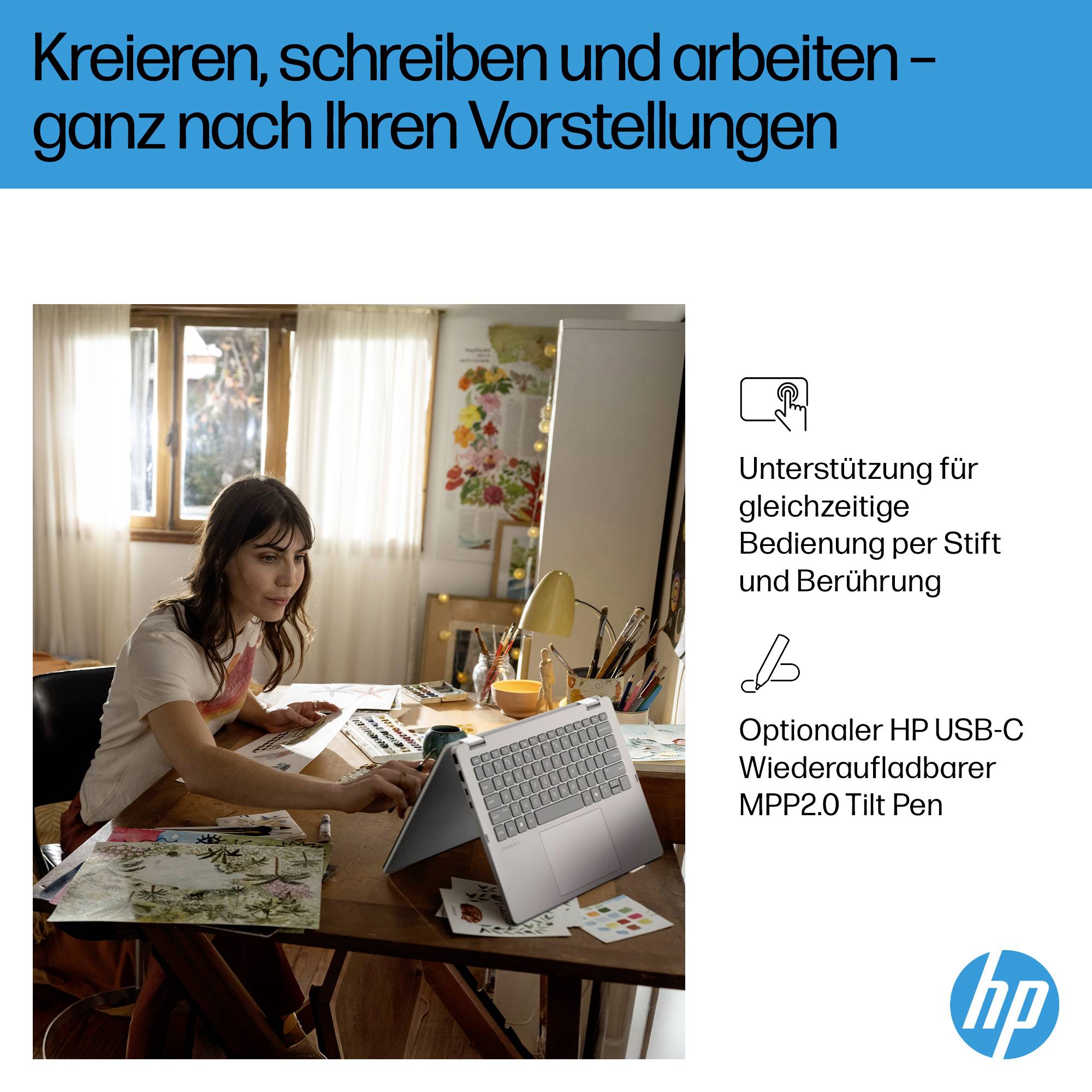 HP Laptop-Anzeige, die eine Frau zeigt, die am Schreibtisch zeichnet, mit abnehmbarer Tastatur; der Text hebt Stift- und Touch-Unterstützung sowie einen optionalen HP USB-C aufladbaren MPP2.0-Neigungsstift hervor.