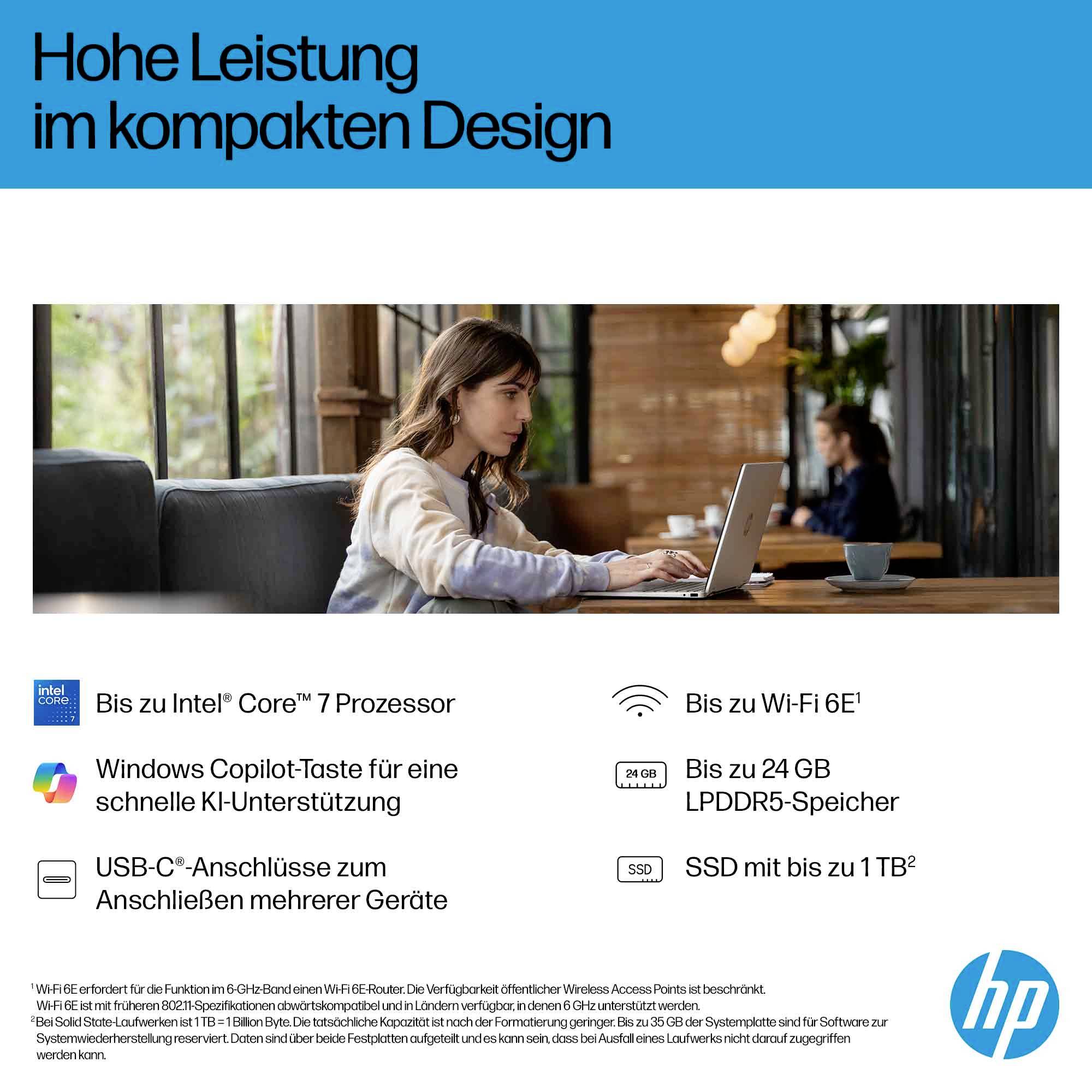 # HP Laptop-Anzeige auf Deutsch mit einer Frau, die einen Laptop verwendet; die Überschrift lautet „Hohe Leistung im kompakten Design" und hebt Intel Core 7, Wi‑Fi 6E, Copilot-Taste, bis zu 24 GB RAM, USB-C und 1 TB SSD hervor.