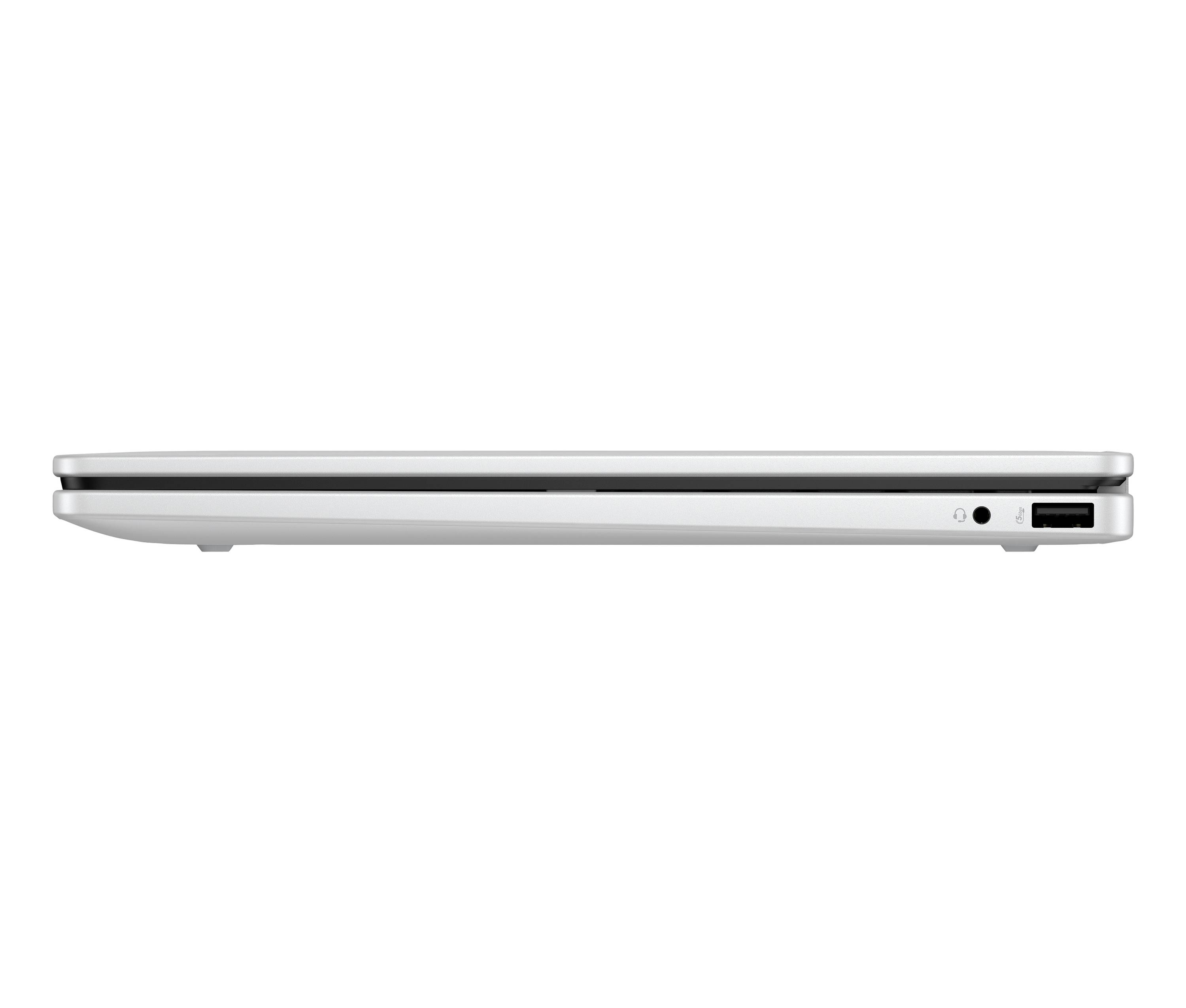 Seitenansicht eines geschlossenen silbernen Laptops, die das dünne Profil und die Anschlüsse auf der rechten Seite zeigt, einschließlich Audiobuchse und USB-Anschluss.