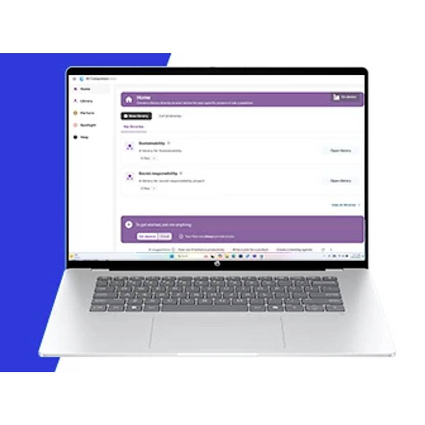 Laptop mit einem Web-Dashboard mit einem Navigationsmenü auf der linken Seite, Zusammenfassungskarten und violetten Header- und Footerpanelen auf einem weißen Bildschirm.