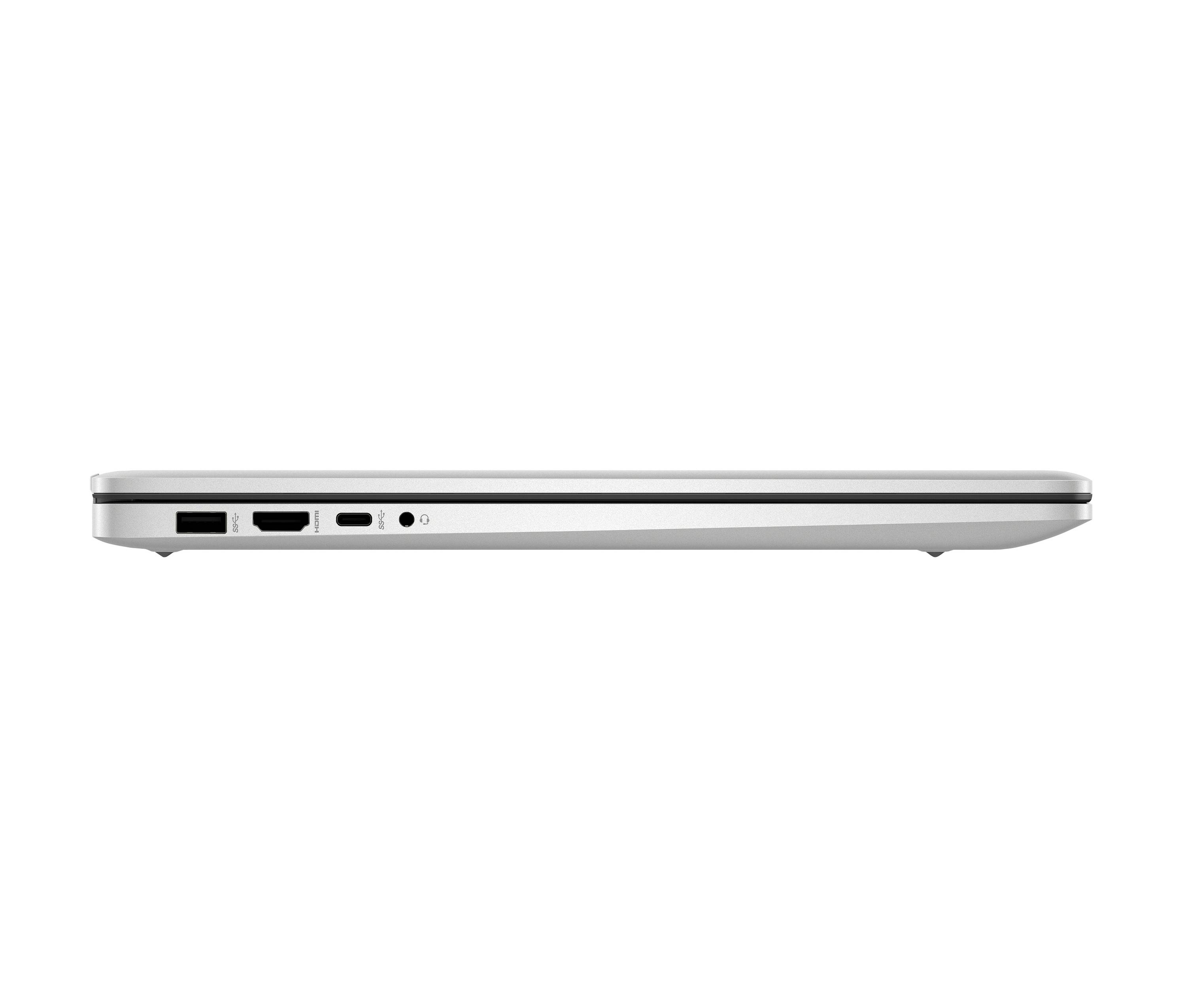 Seitenansicht eines silbernen Laptops mit seinen Anschlüssen: USB, HDMI und Audiobuchse an der linken Kante.