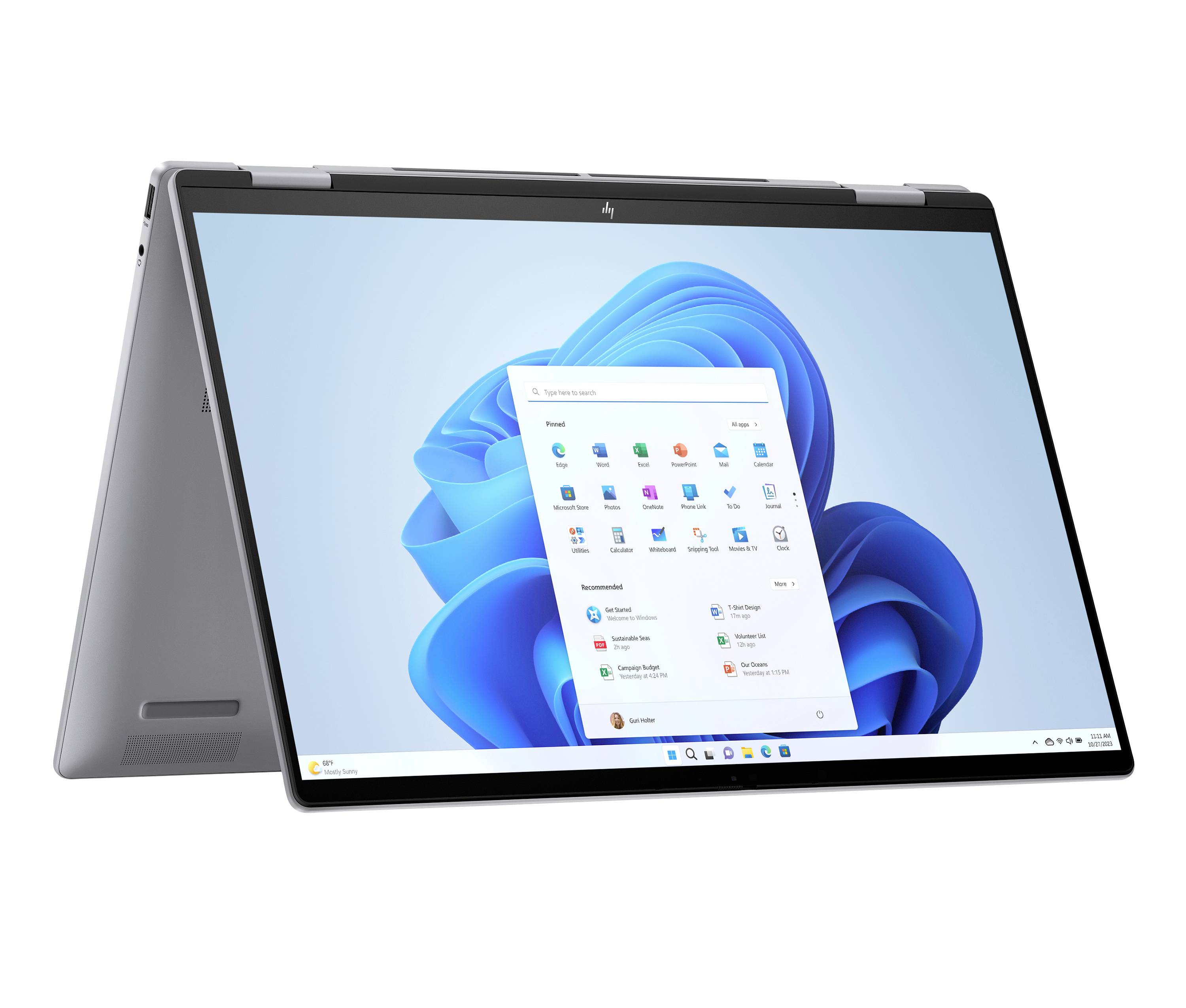 Ein 2-in-1-Laptop im Zeltmodus zeigt den Windows-11-Desktop und das Startmenü auf seinem Bildschirm an.