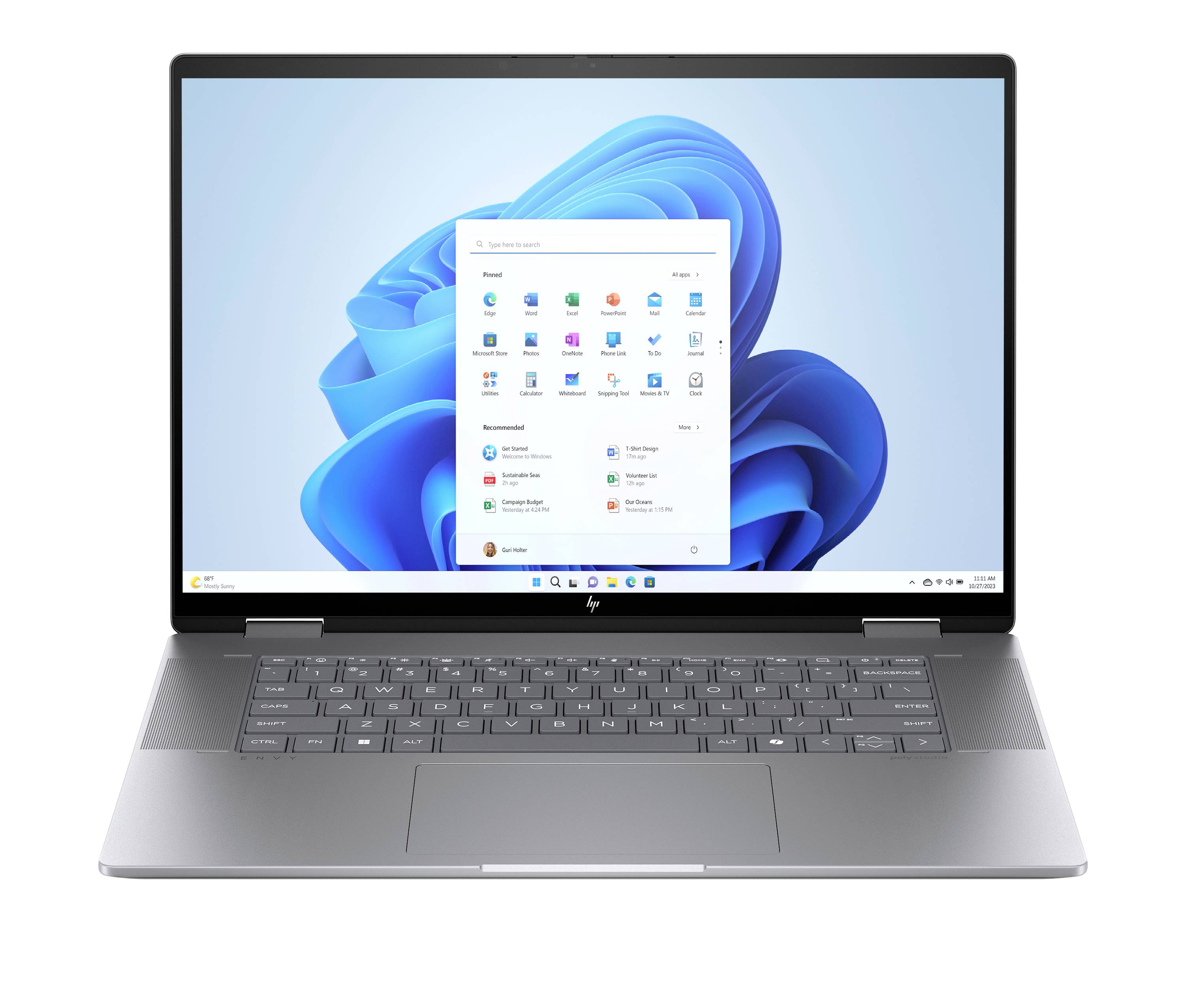 Laptop offen mit Windows 11-Desktop und zentriertem Startmenü auf dem Bildschirm.