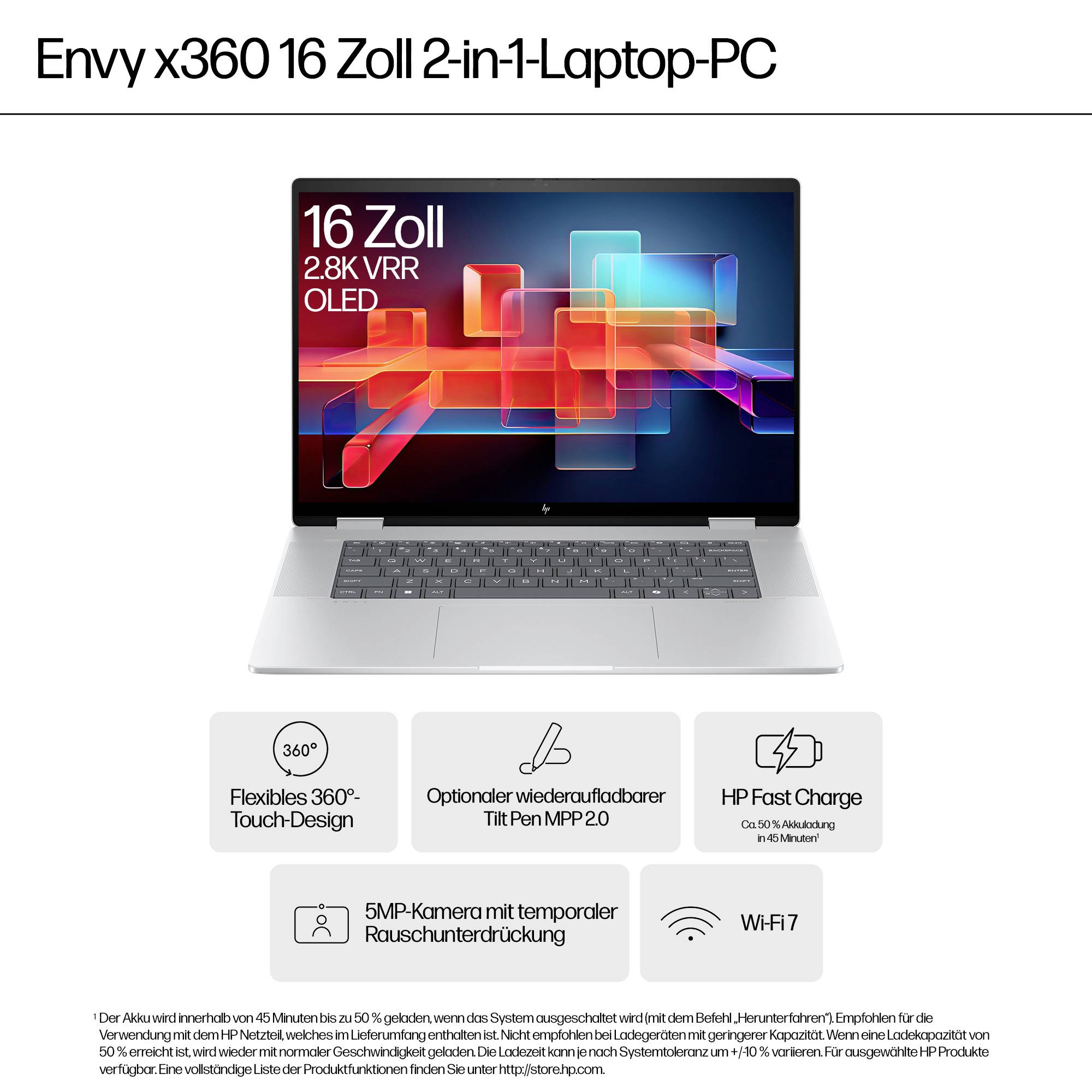 HP Envy x360 16-Zoll-2-in-1-Laptop mit 2,8K-VRR-OLED-Display, 360-Grad-Touchdesign, optionaler Tilt Pen-Unterstützung, schnellem Laden, 5-MP-Kamera und Wi-Fi 7.