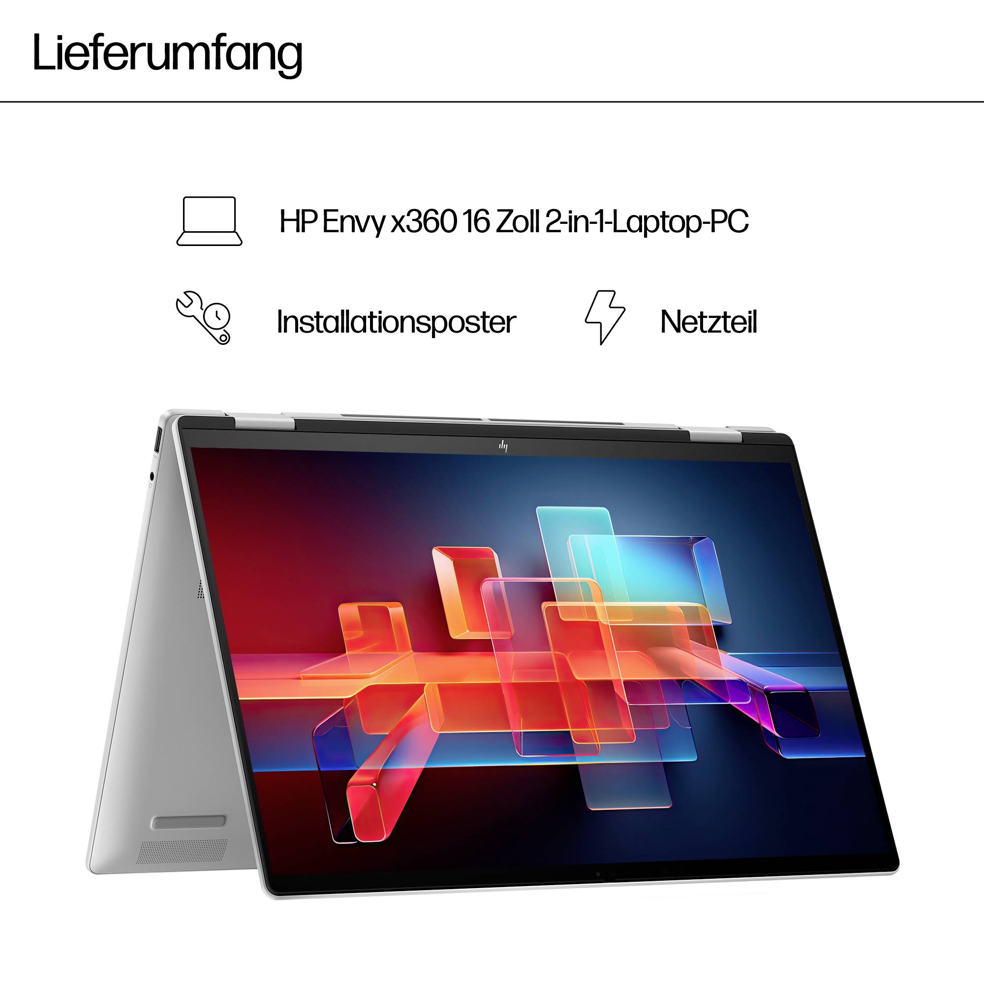 HP Envy x360 16 2-in-1 Laptop Paketinhalt: Laptop, Installationsplakat und Netzteil.