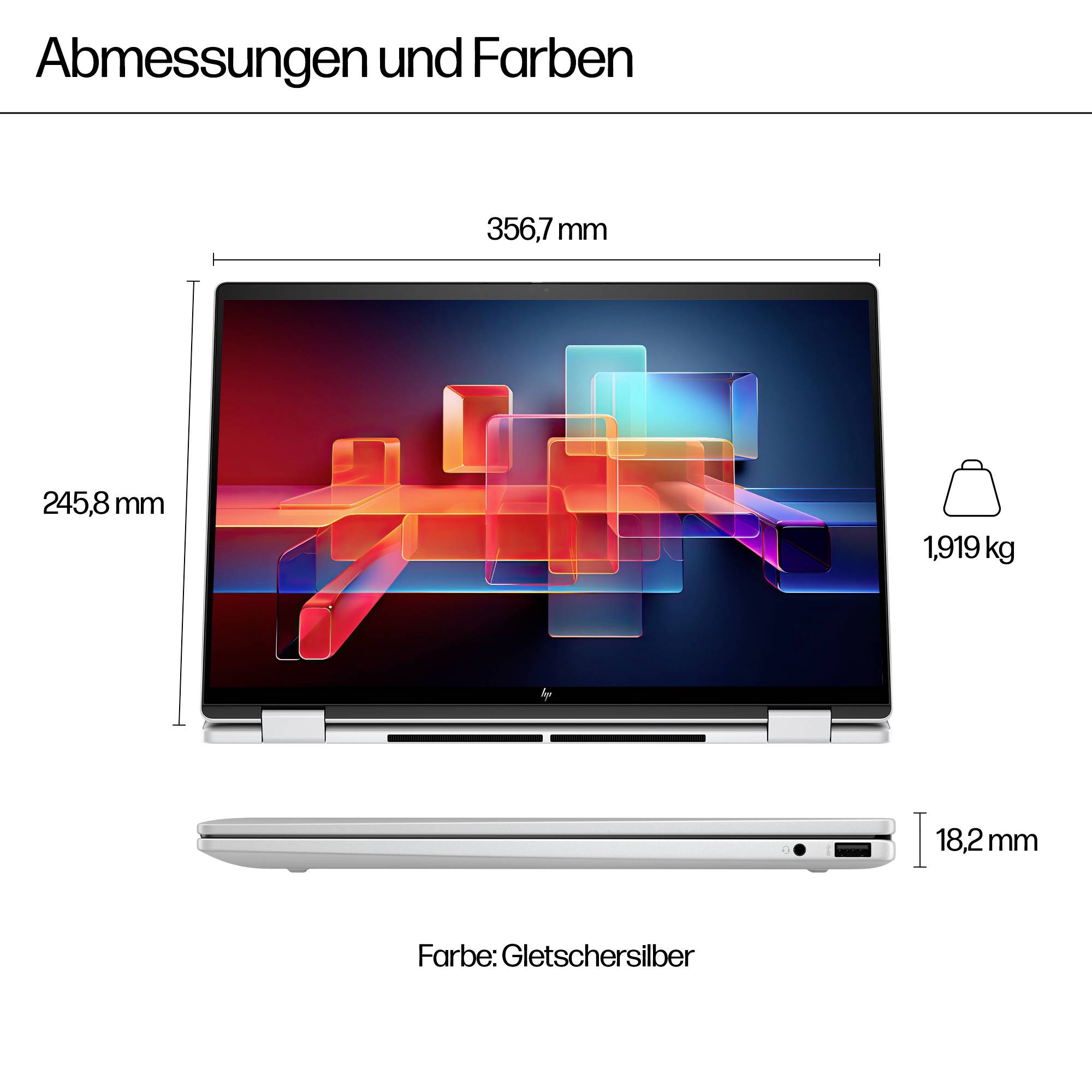 Laptop-Abmessungen und Farbe: 356,7 mm breit, 245,8 mm hoch, 18,2 mm dick, 1,919 kg, in Gletscherweiß.