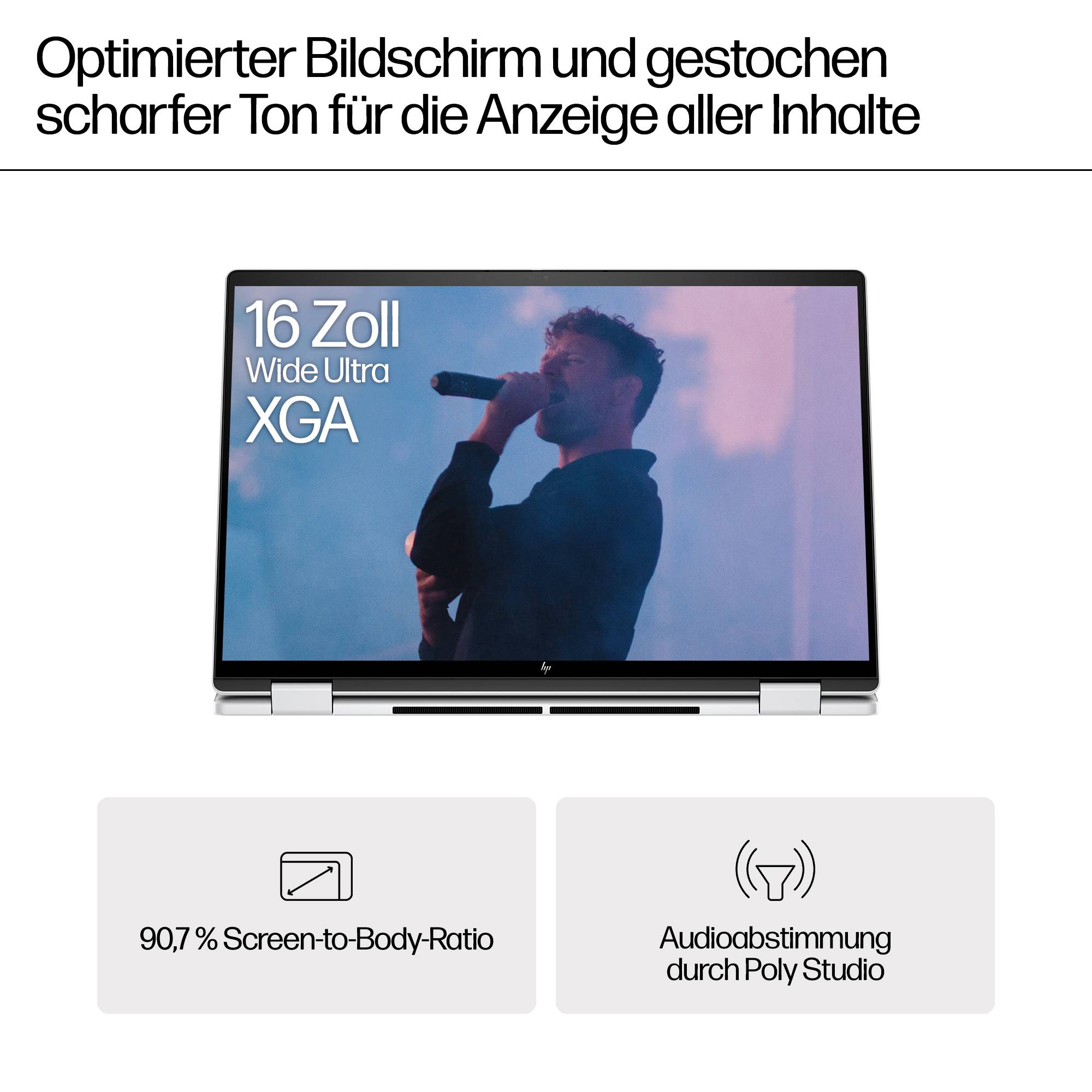 Deutsches Werbebilder für ein 16-Zoll-Breitformat-Ultra-XGA-Laptop-Display mit '90,7 % Screen-to-Body-Ratio' und 'Audiostimmung durch Poly Studio' Funktionen.