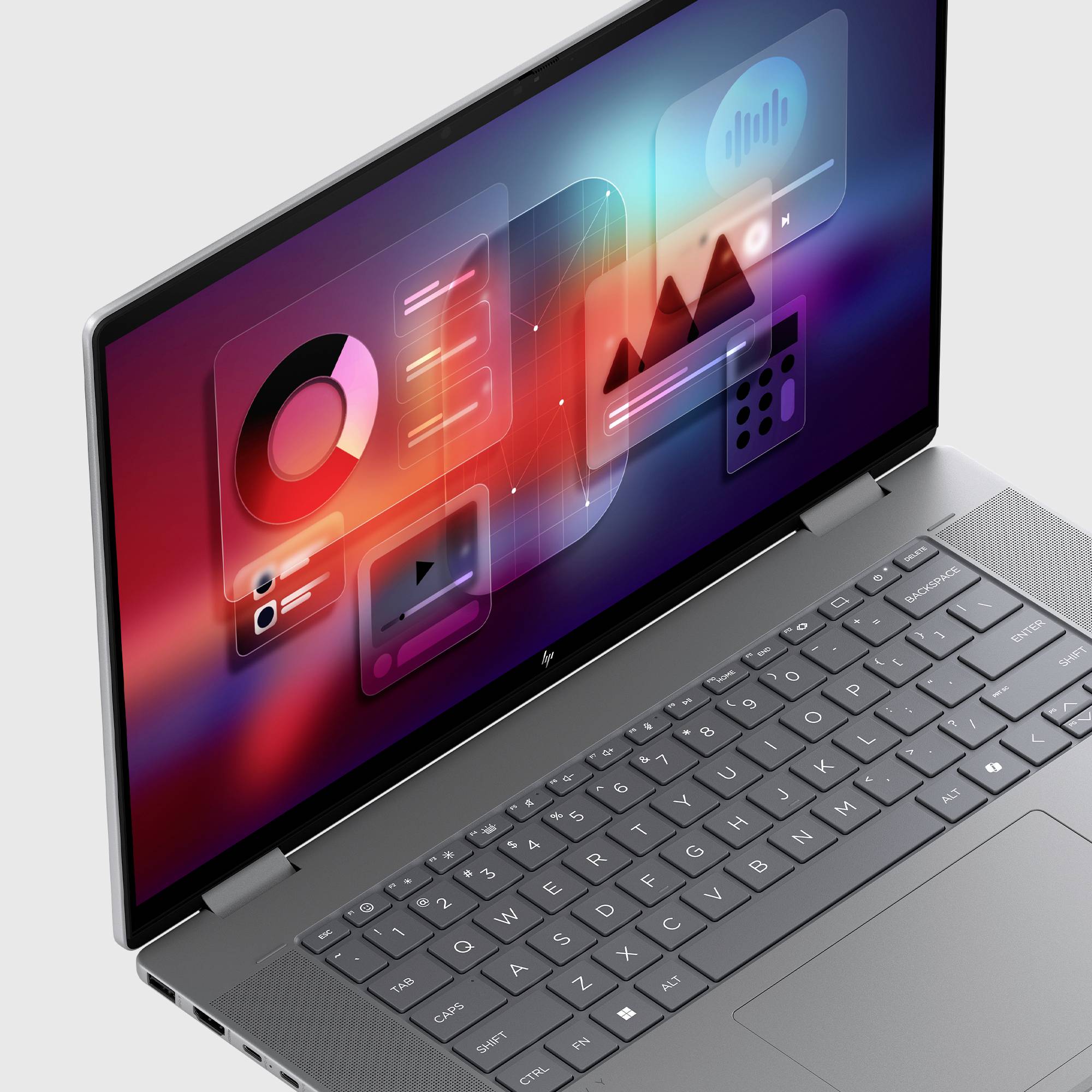 3D-Rendering eines offenen Laptops, auf dem leuchtende Analyse- und Media-App-Panels mit Diagrammen, einer Wiedergabetaste und Einstellungssymbolen angezeigt werden.