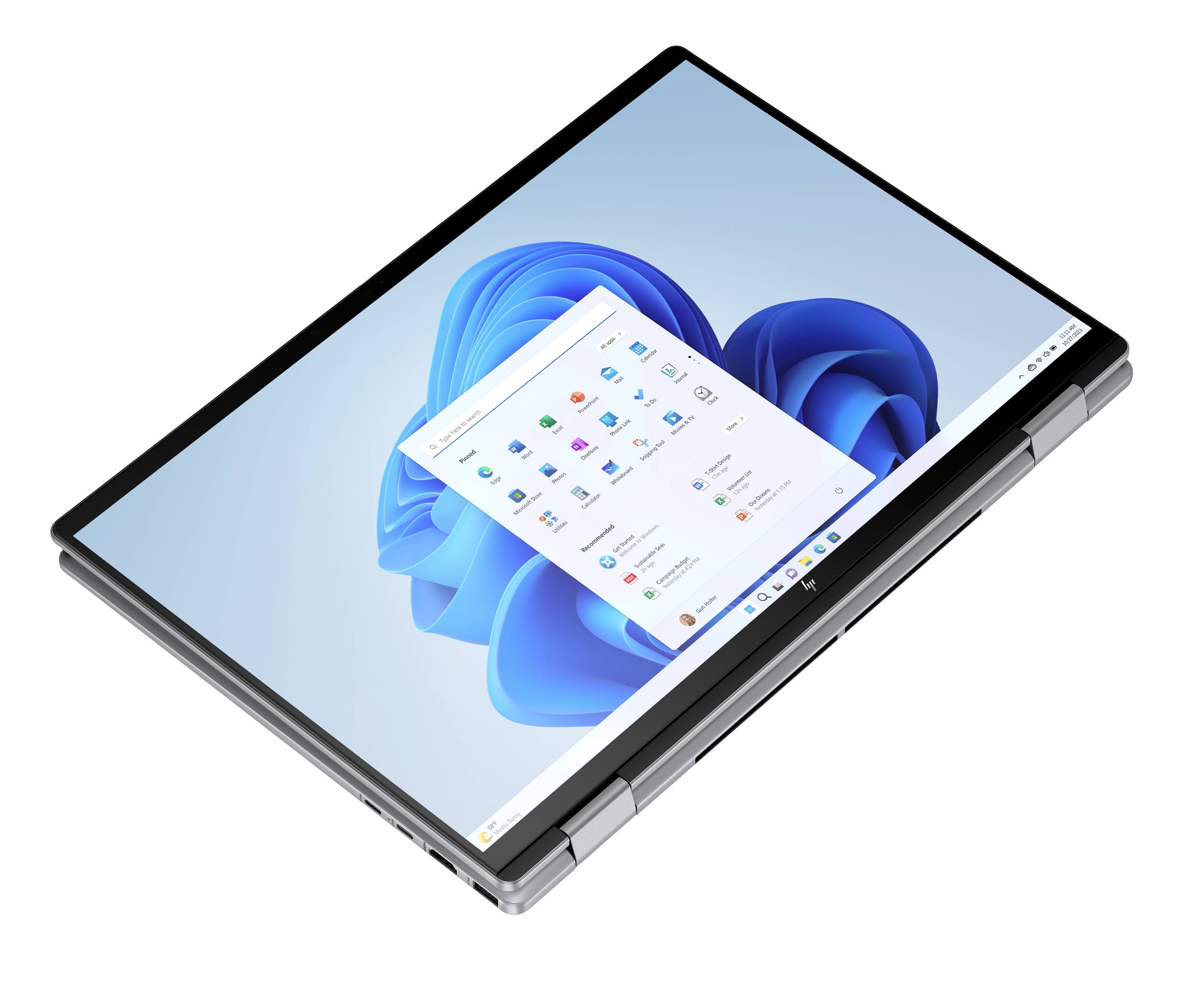 2-in-1-Touchscreen-Laptop im Tablet-Modus mit Windows 11-Startmenü und Taskleiste auf blauem abstraktem Hintergrundbild
