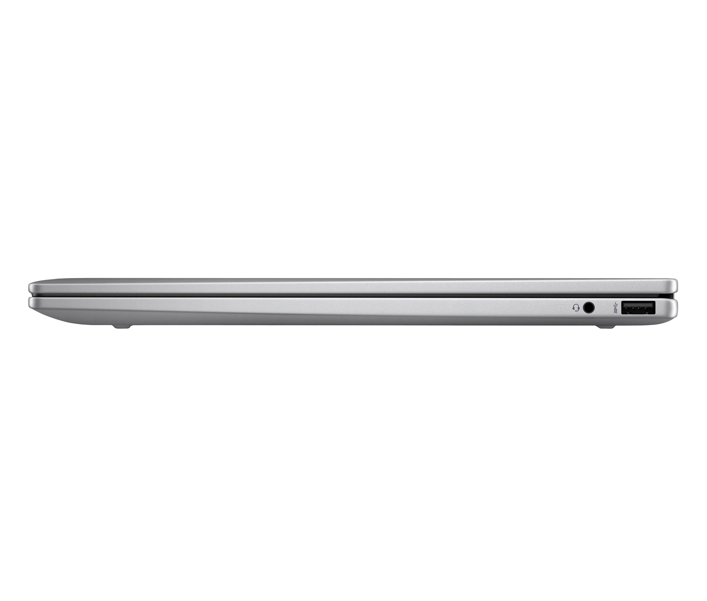 Seitenansicht eines geschlossenen silbernen Laptops mit einer Kopfhörerbuchse und einem USB-Anschluss an der rechten Kante.