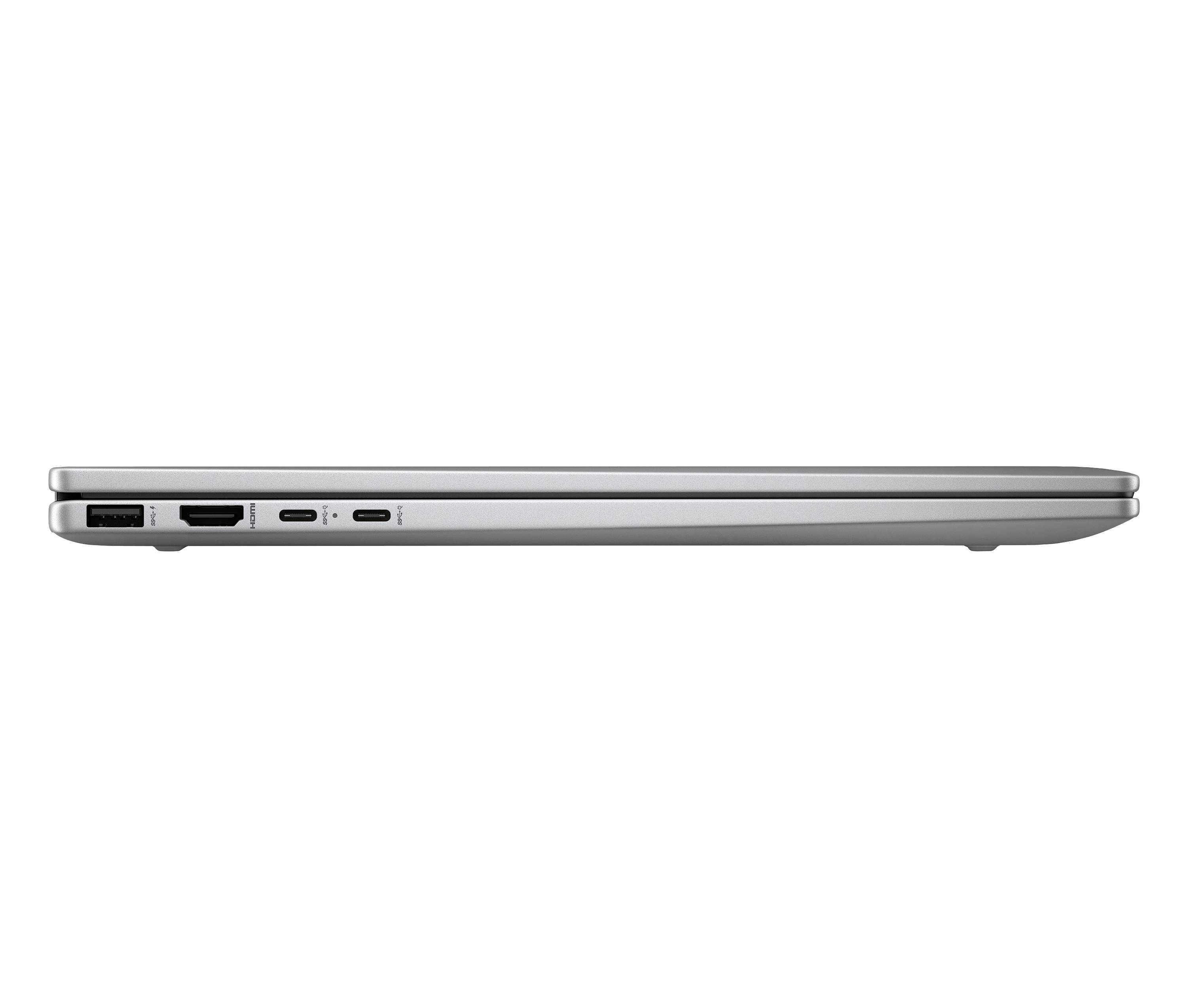 Seitenansicht eines schlanken silbernen Laptops, der seine Anschlüsse an der linken Kante zeigt, einschließlich USB-, HDMI- und Ladeanschlüsse.