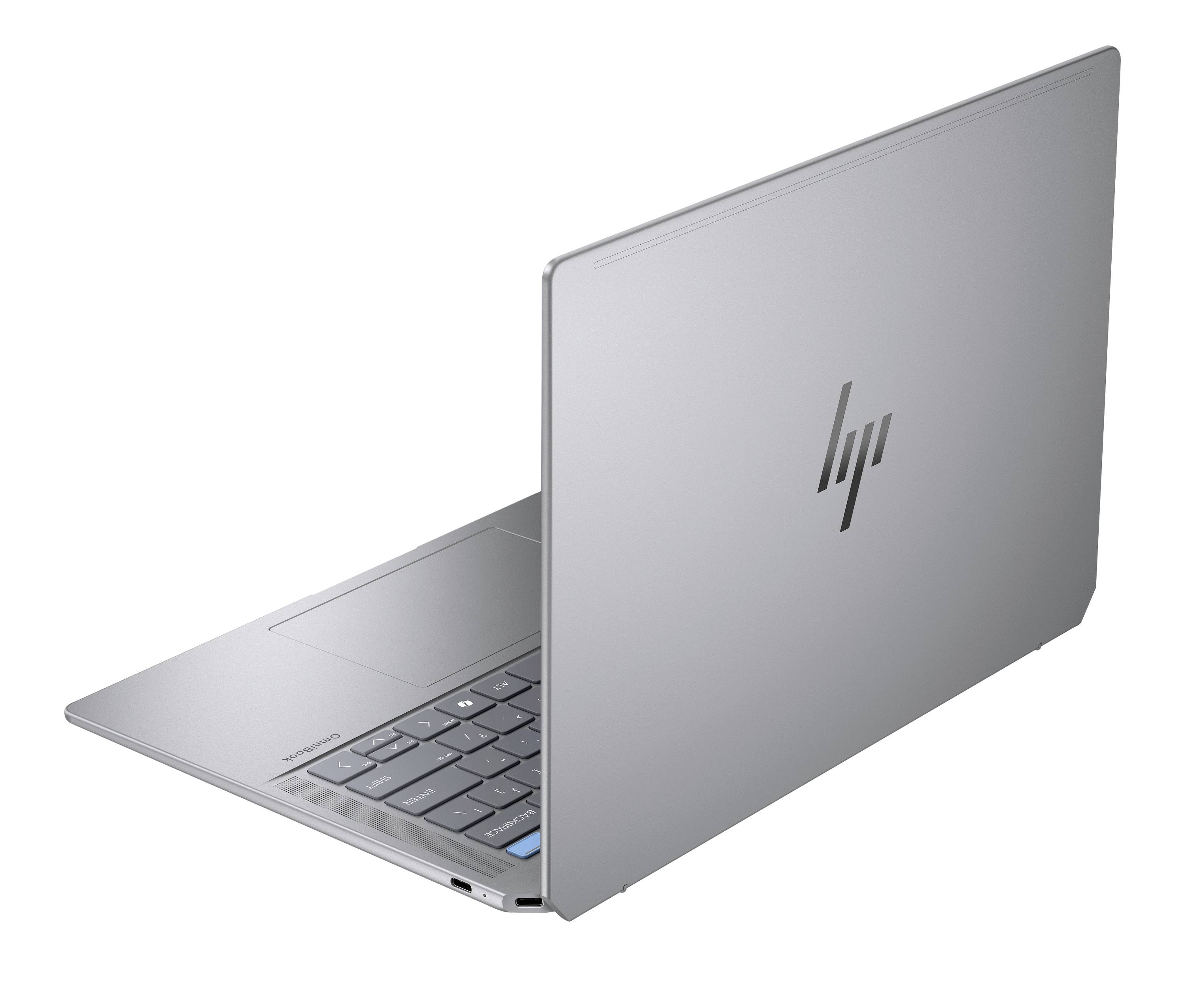Silber-farbener HP-Laptop, teilweise geöffnet auf weißem Hintergrund, mit sichtbarer Tastatur und HP-Logo.