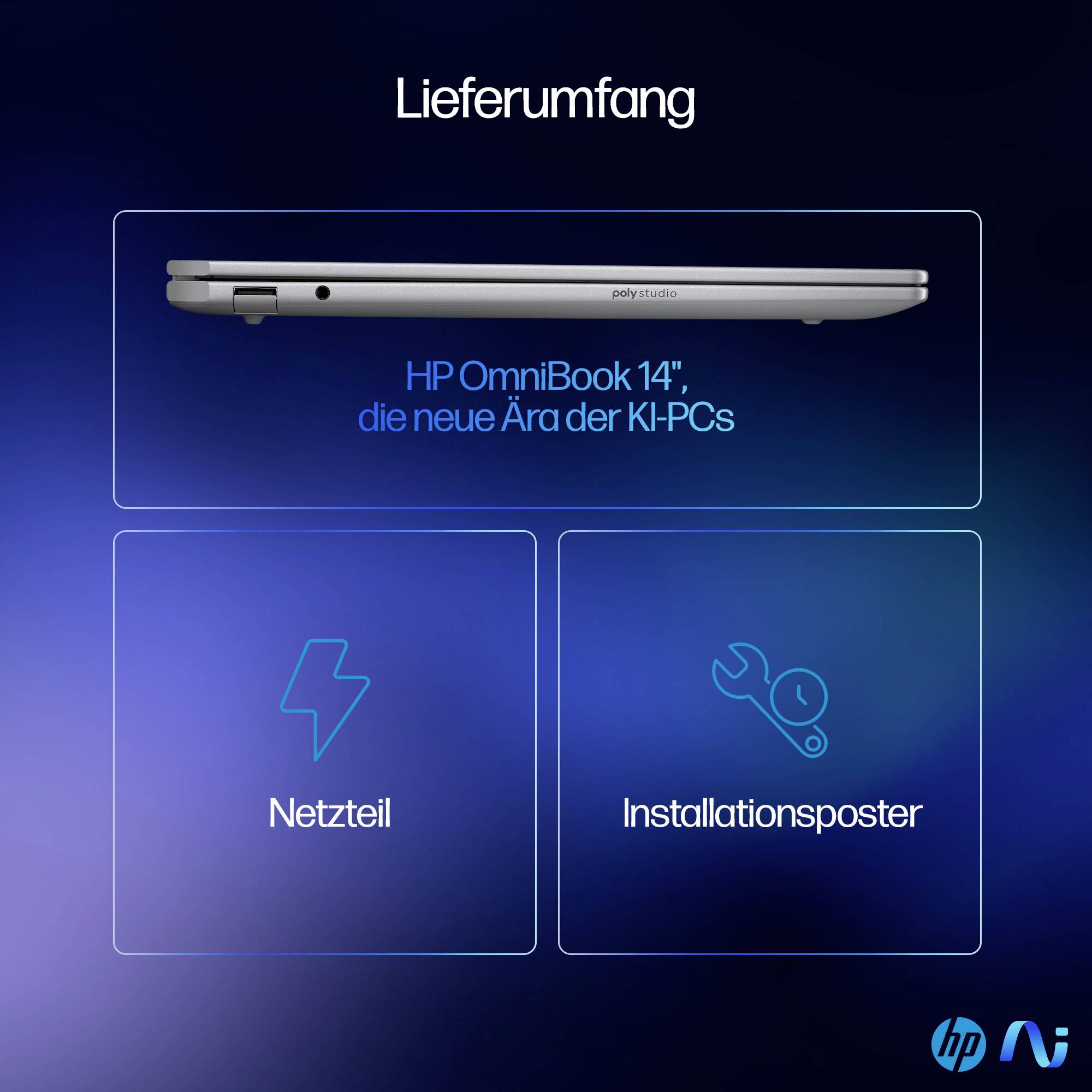 HP OmniBook 14 Lieferumfang gezeigt: Laptop, Netzteil und Installationsposter, mit Text „Lieferumfang" und „die neue Ära der KI-PCs".