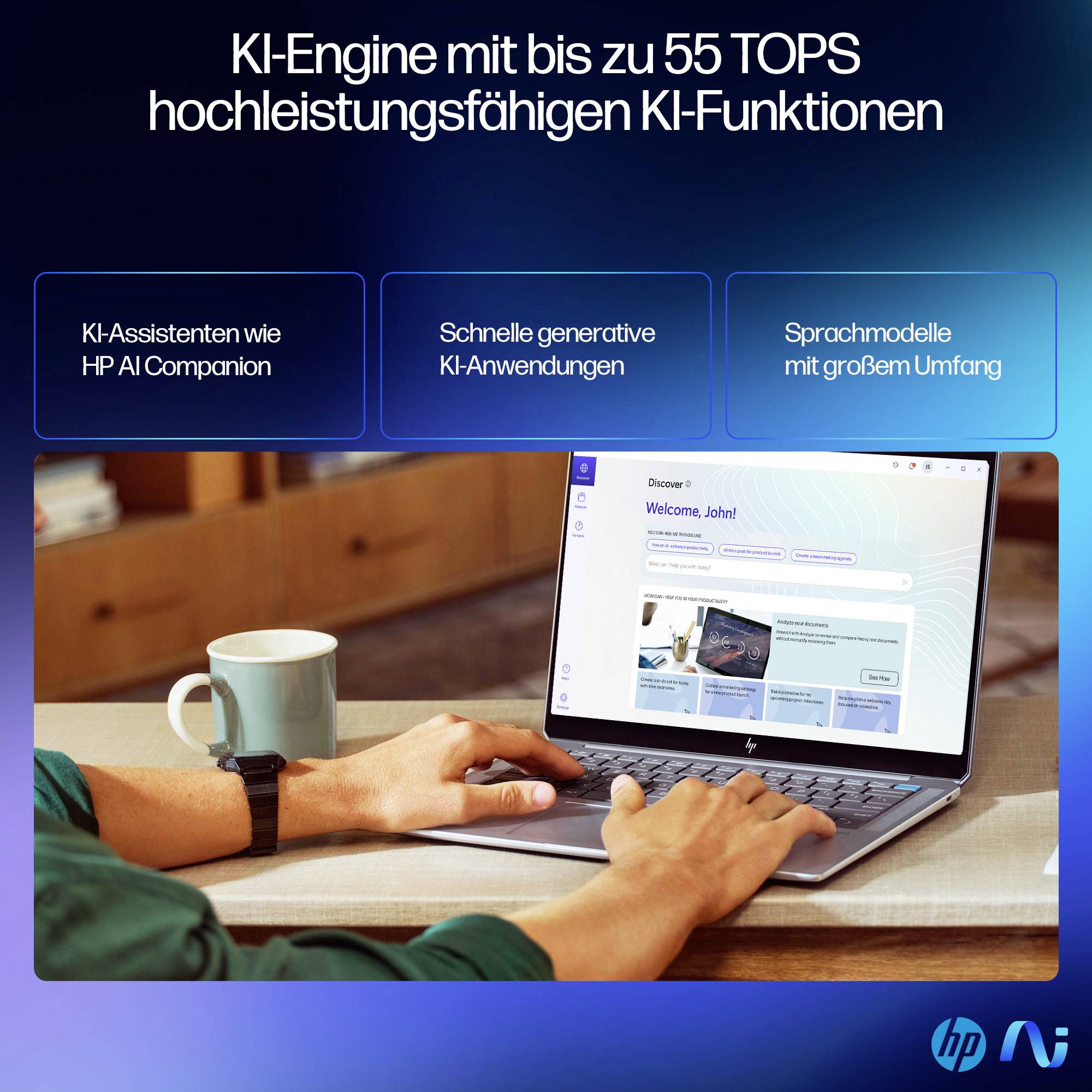 Deutsches HP KI-Promo zeigt eine Person, die einen Laptop mit KI-Schnittstelle verwendet; der Text hebt bis zu 55 TOPS sowie KI-Assistenten, generative Apps und Large Language Models hervor.
